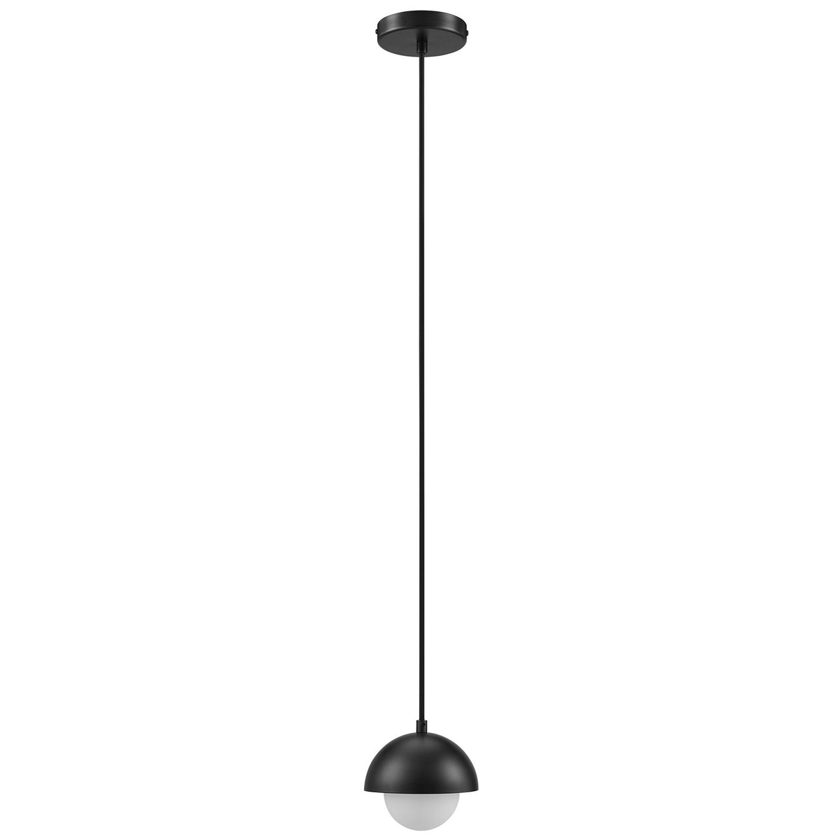 Sleek black dome pendant with opal glass globe and extra-long adjustable cord for modern ceilings || EEI-6870-BLK || front_studio