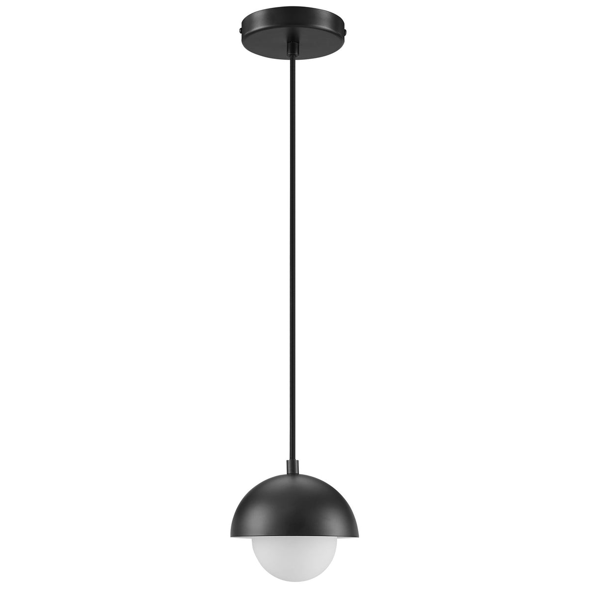 Compact black dome pendant showcasing a smooth matte finish and softly rounded opal glass globe || EEI-6870-BLK || front_studio