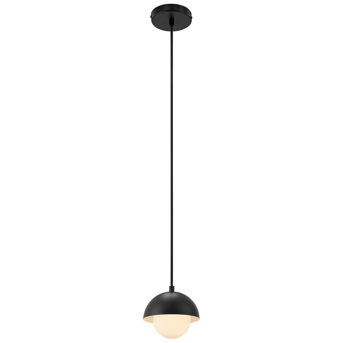Black dome pendant with glowing opal glass globe casting a warm, diffused light for inviting ambiance || EEI-6870-BLK || front_on_studio