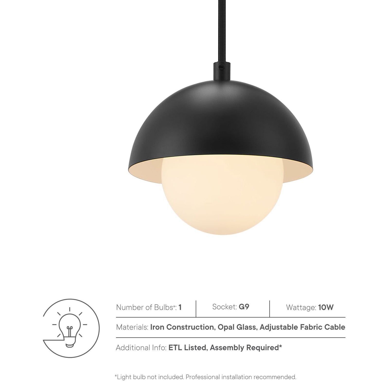 Feature graphic emphasizing the glowing opal glass globe, iron construction, and adjustable fabric cable details || EEI-6870-BLK || callout_studio
