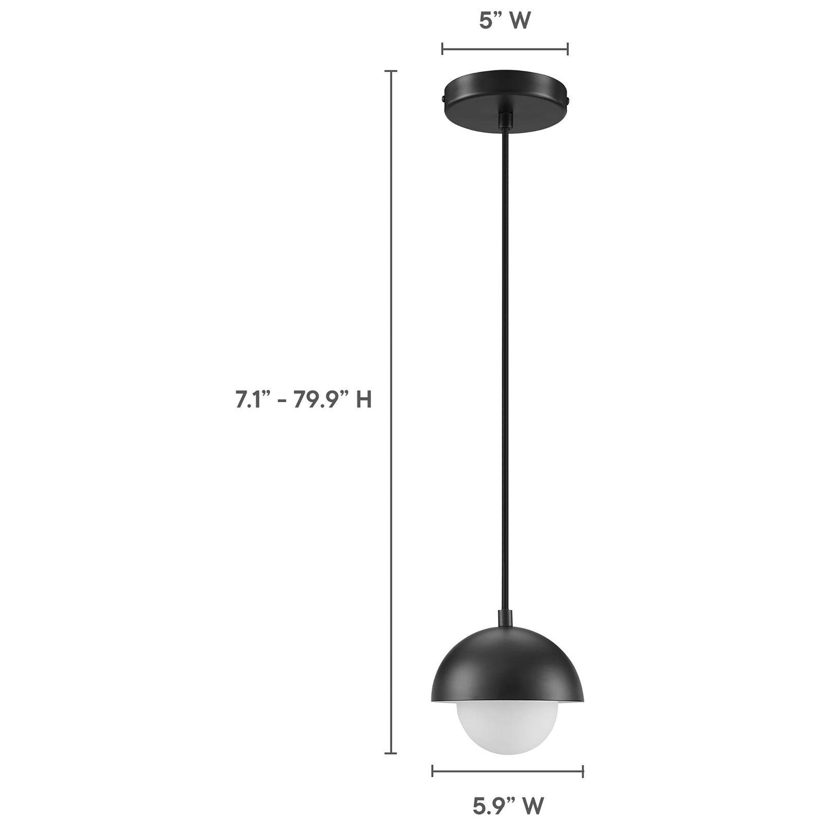 Size guide showing overall height range and canopy and shade measurements for the black globe pendant light || EEI-6870-BLK || dimension_studio