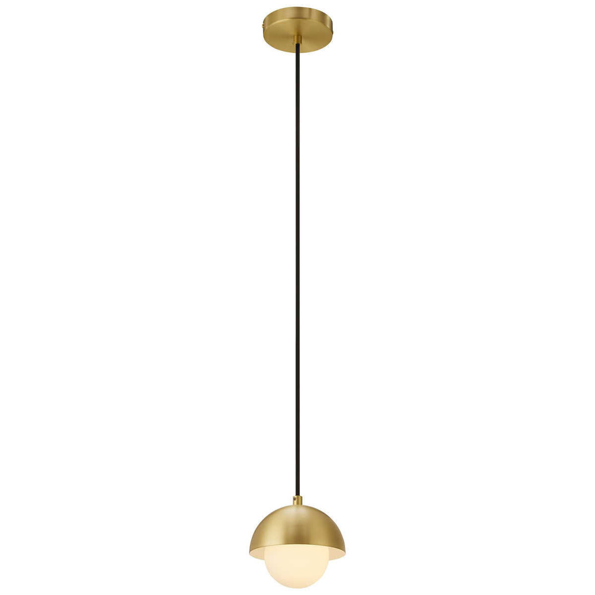 Warmly glowing brass globe pendant with illuminated opal glass shade and slender black cord || EEI-6870-BRA || front_on_studio