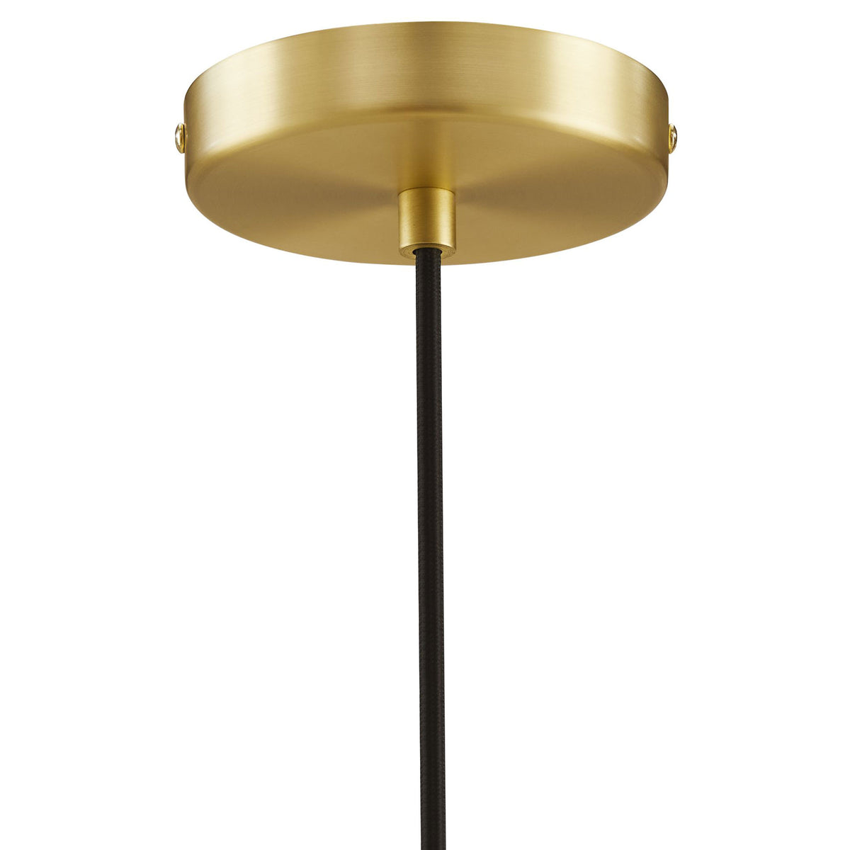 Round brass ceiling canopy with black fabric cord detailing for the Eclipse globe pendant light || EEI-6870-BRA || detail_studio