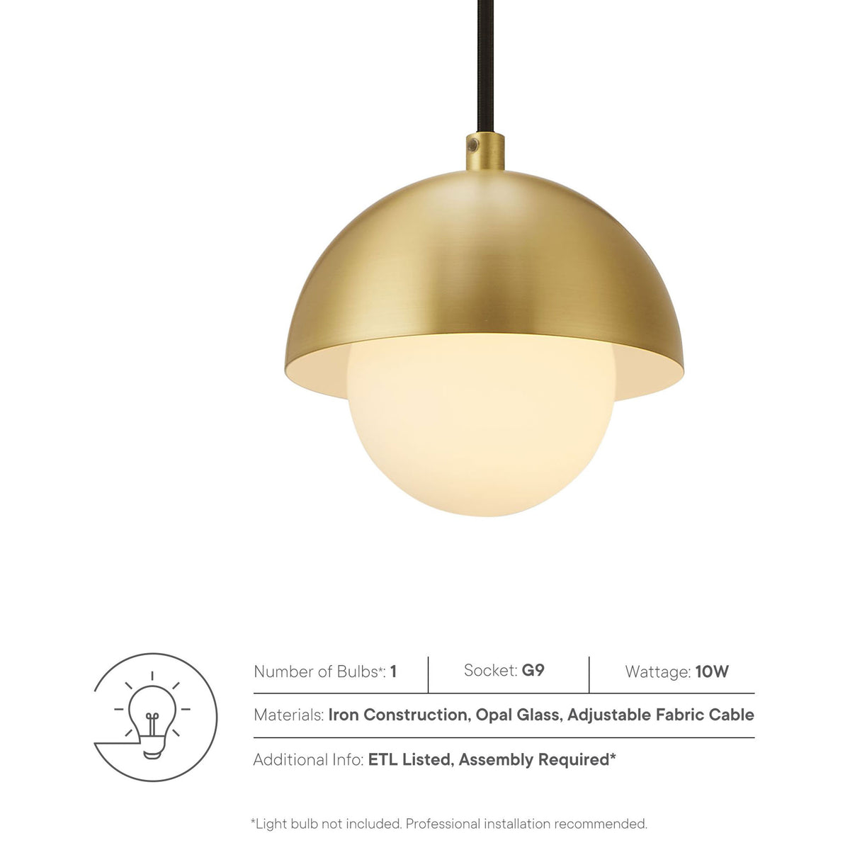 Detailed view of brass dome and opal globe with icons listing bulb type, wattage, and ETL details || EEI-6870-BRA || callout_studio
