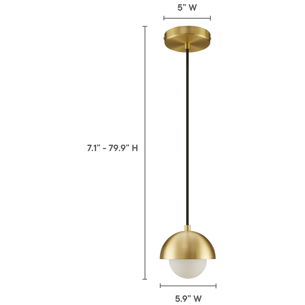 Eclipse brass globe pendant with measurement arrows showing canopy width and adjustable hanging height range || EEI-6870-BRA || dimension_studio