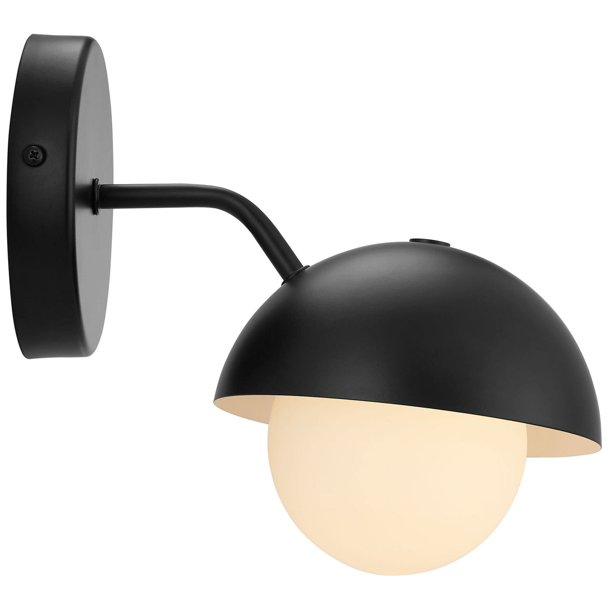 Black dome wall sconce with softly glowing opal globe creates warm, inviting accent lighting || EEI-6871-BLK || side_on_studio
