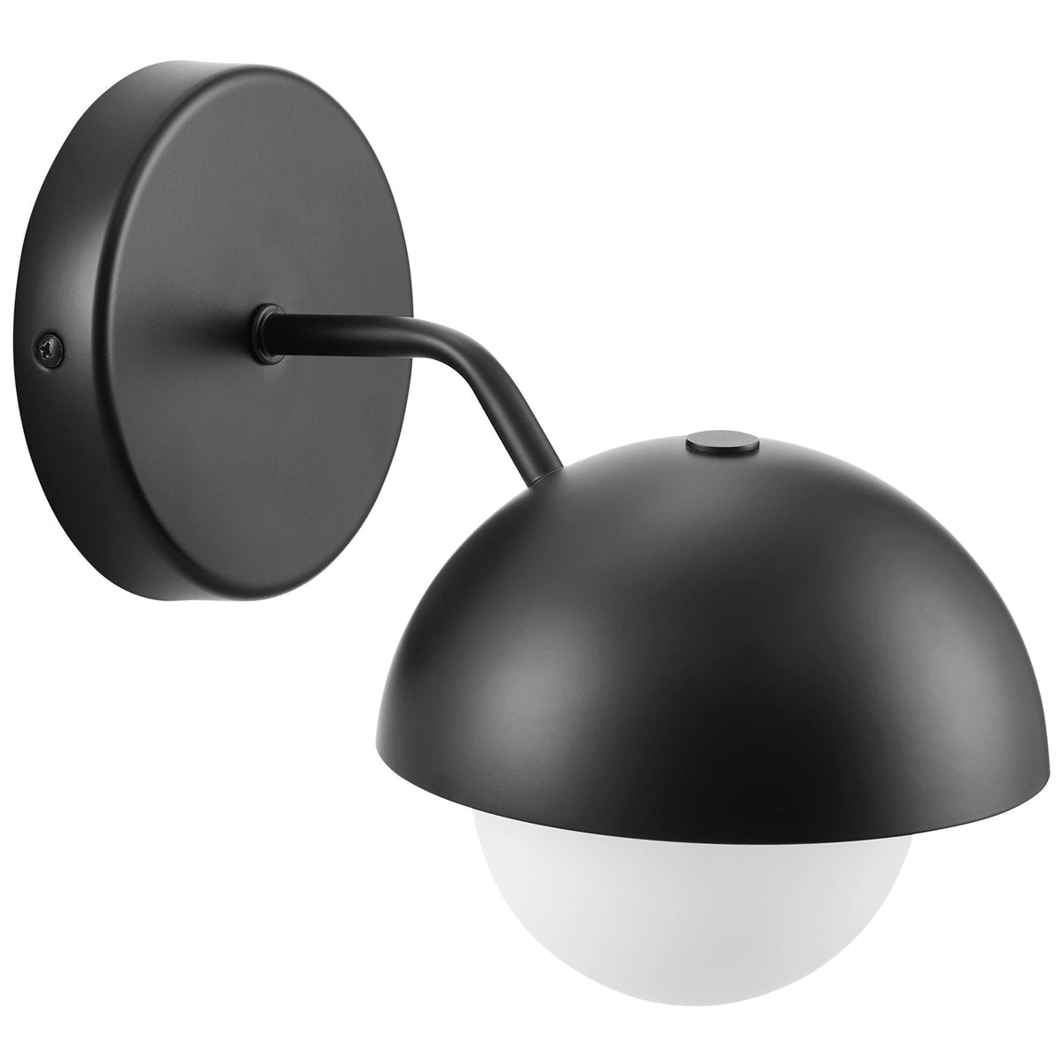 Eclipse globe sconce pairs a matte black dome with crisp opal glass for a clean modern profile || EEI-6871-BLK || front_angle_studio