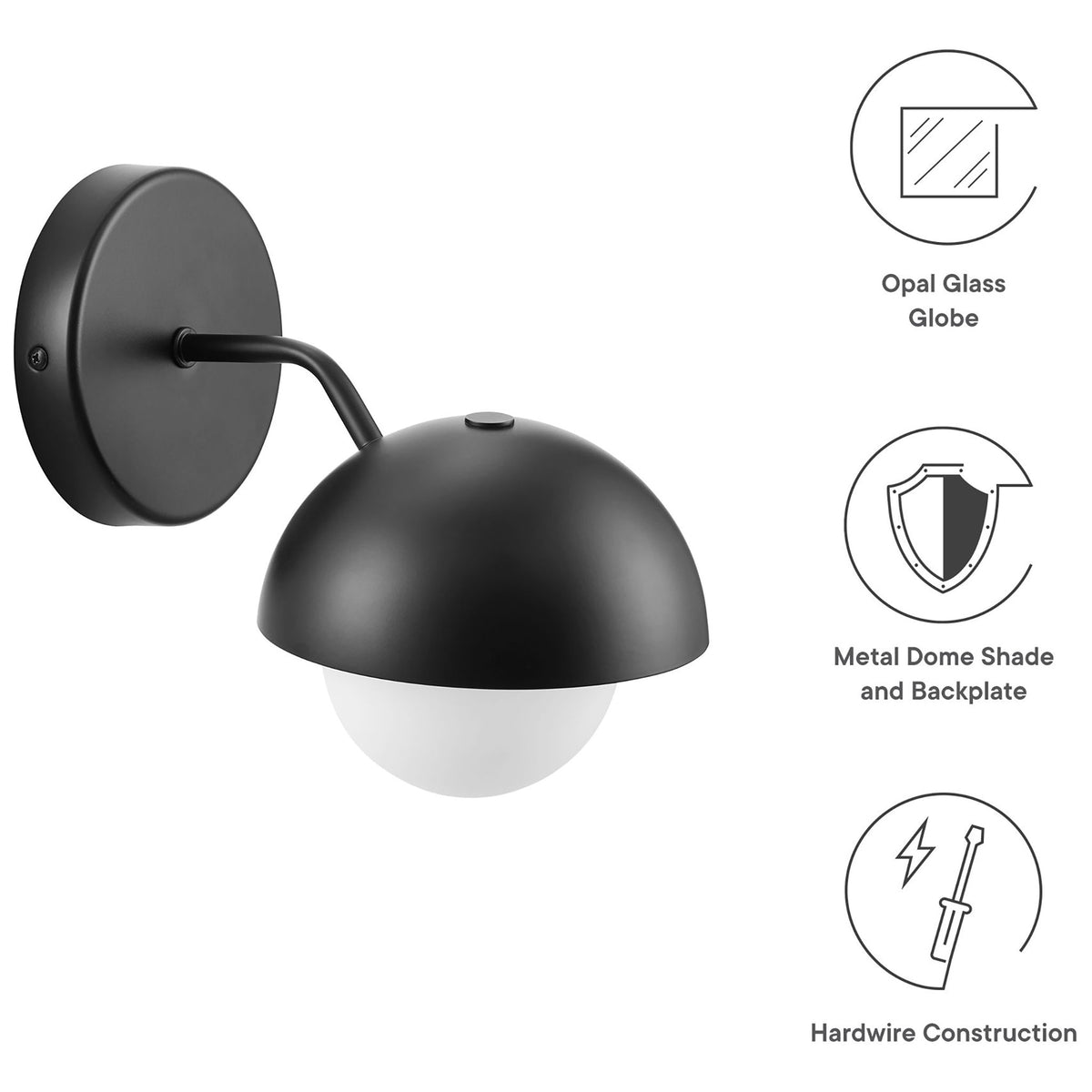 Feature graphic shows the black globe sconce with notes on opal glass, metal dome, and hardwire design || EEI-6871-BLK || callout_studio