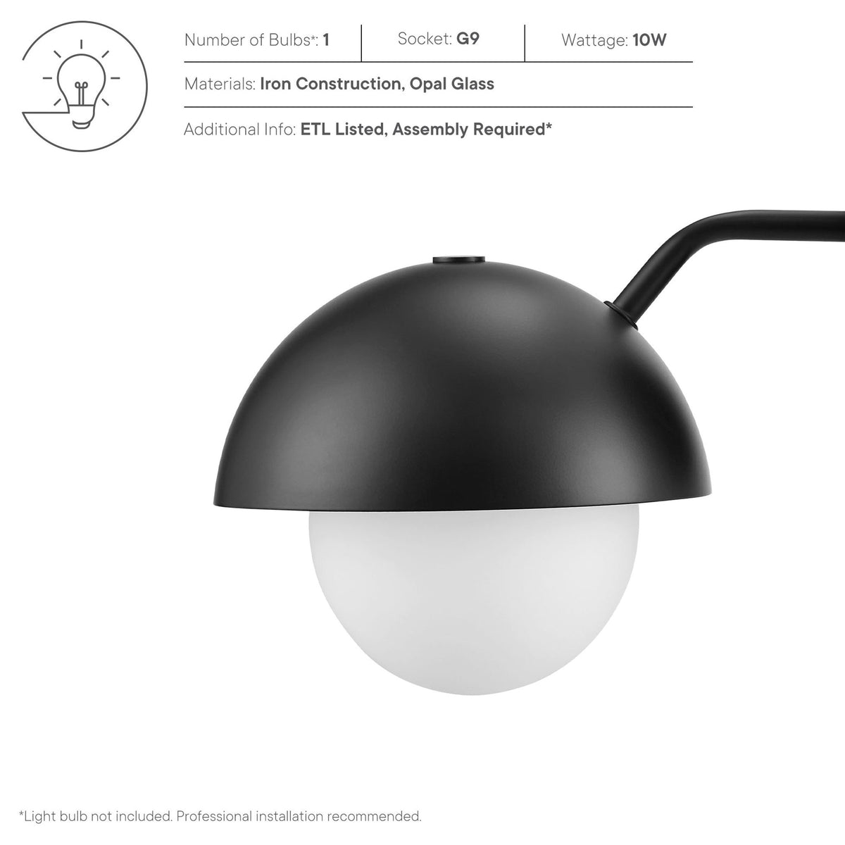 Detail card highlights bulb type, materials, wattage, and ETL listing for the Eclipse wall sconce || EEI-6871-BLK || callout_studio