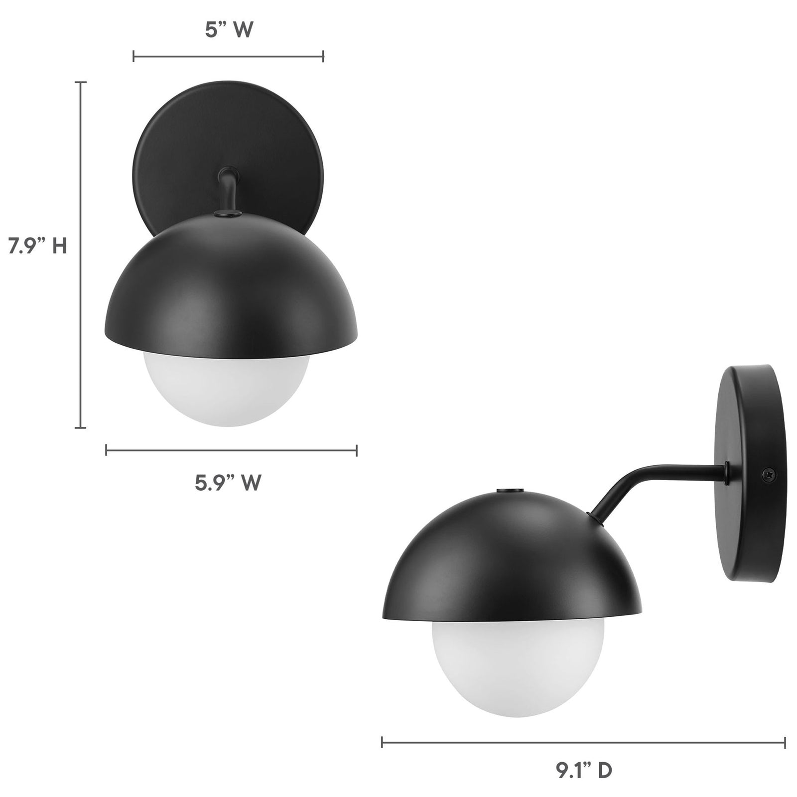 Dimension diagram shows measurements and proportions of the black Eclipse globe wall sconce || EEI-6871-BLK || dimension_studio