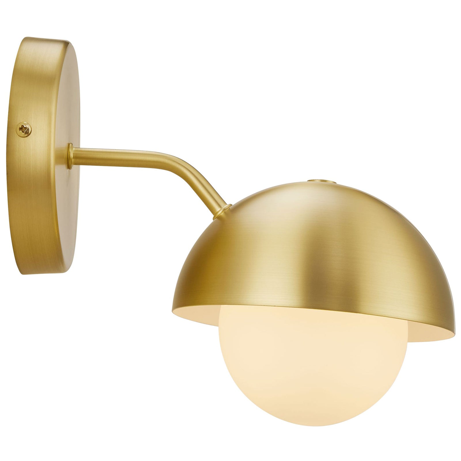 Brushed brass dome wall sconce with glowing opal globe adds inviting, hotel worthy accent lighting || EEI-6871-BRA || side_on_studio
