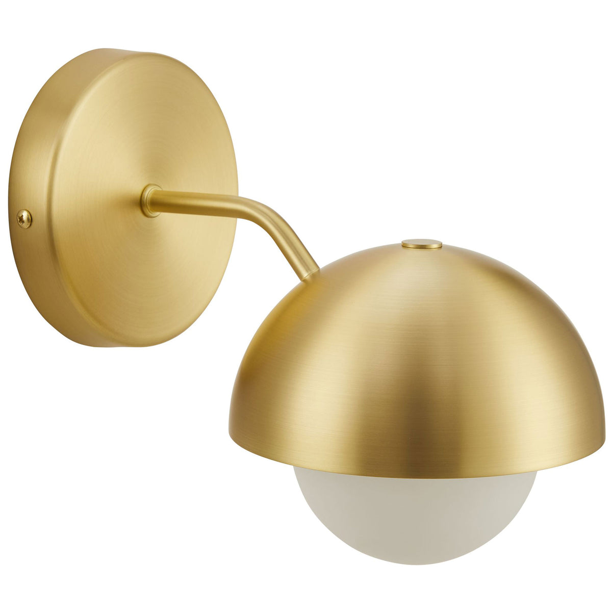 Eclipse globe sconce pairs a satin brass dome with opal glass for a chic modern profile || EEI-6871-BRA || front_angle_studio