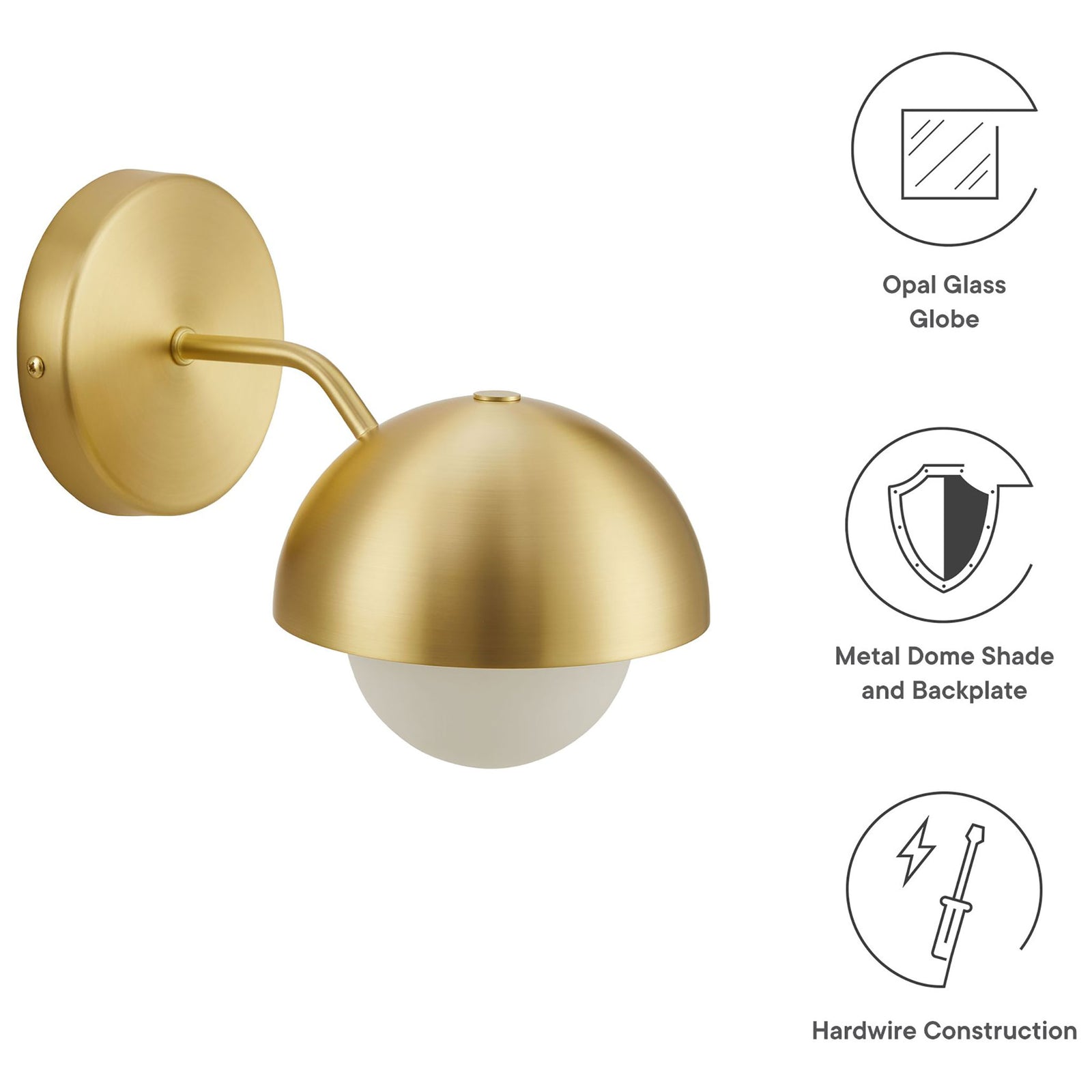 Feature graphic shows the brass globe sconce with notes on opal glass, metal dome, and hardwire design || EEI-6871-BRA || callout_studio