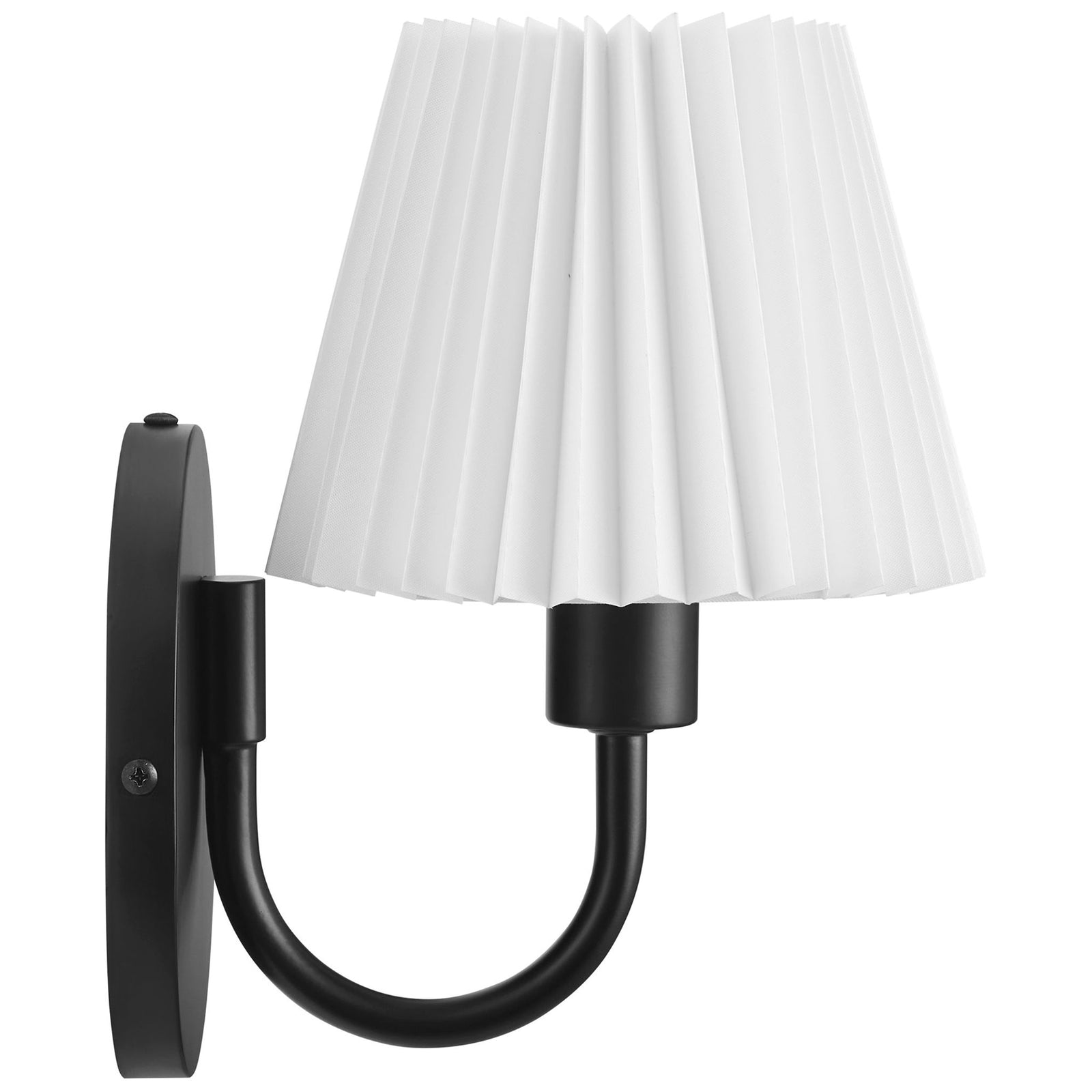 Black wall lamp with U-shaped arm extends from a round backplate to support a tailored pleated fabric shade. || EEI-6872-BLK || side_studio