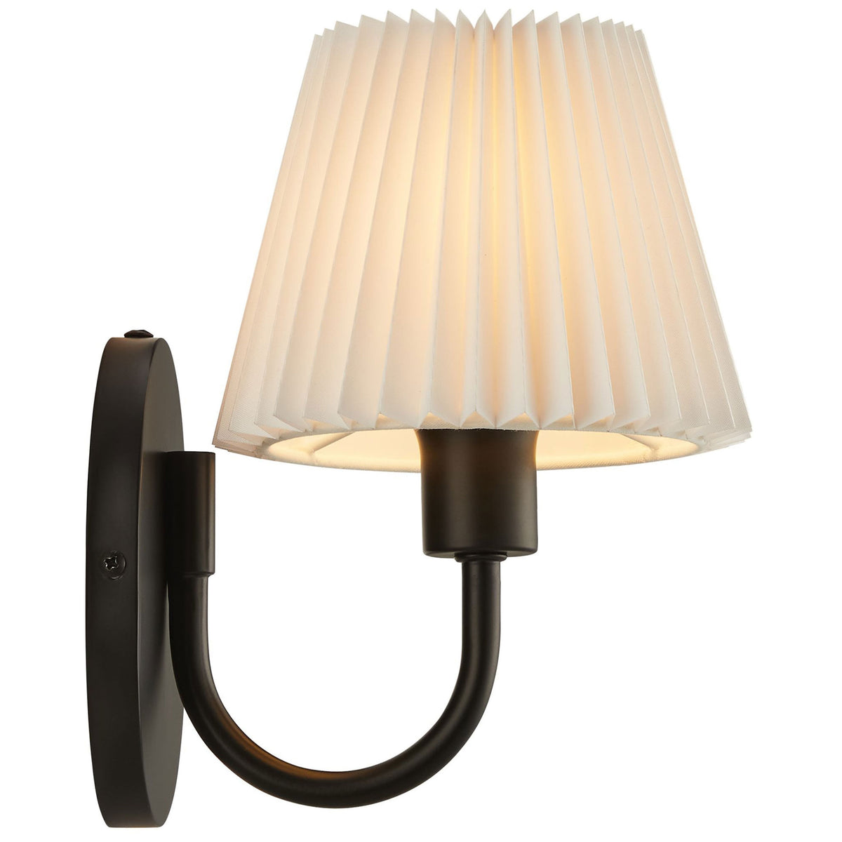 Black U-shaped arm wall lamp with glowing pleated shade delivers warm, focused light ideal for reading. || EEI-6872-BLK || side_on_studio