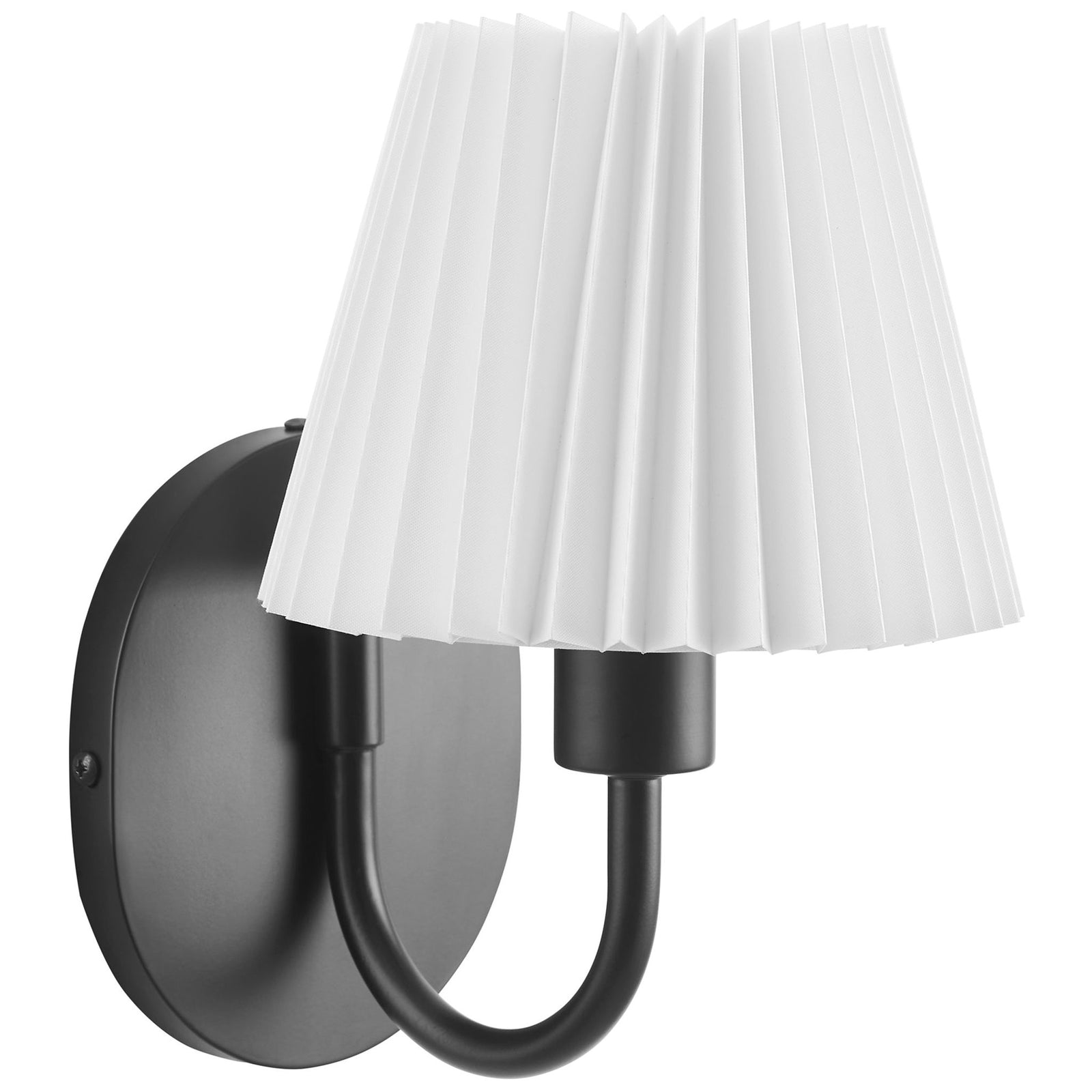 Curved black U-shaped arm and pleated shade create a balanced, sculptural look on this modern wall sconce. || EEI-6872-BLK || front_angle_studio