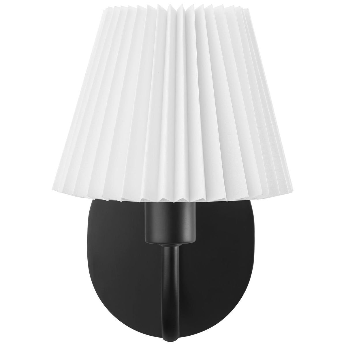 Black U-shaped arm wall sconce with crisp pleated white shade offers clean modern lighting in a compact profile. || EEI-6872-BLK || front_studio