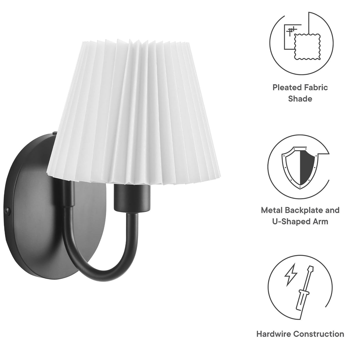 Wave wall sconce shown with icons calling out its pleated fabric shade, metal backplate, and hardwired design. || EEI-6872-BLK || callout_studio