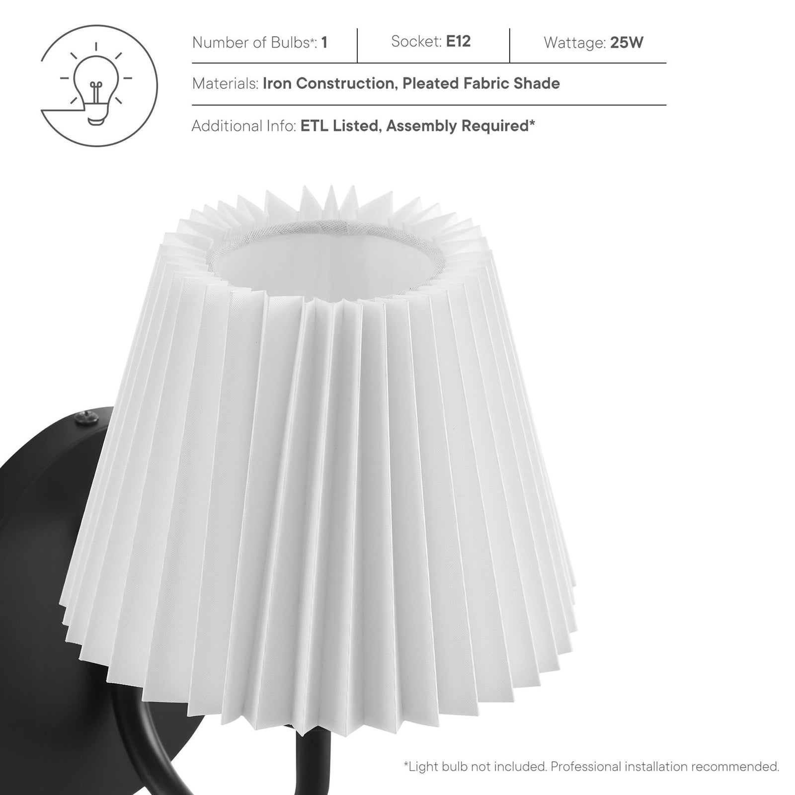 Pleated shade closeup with overlaid specs listing iron construction, single E12 bulb, and ETL safety rating. || EEI-6872-BLK || callout_studio