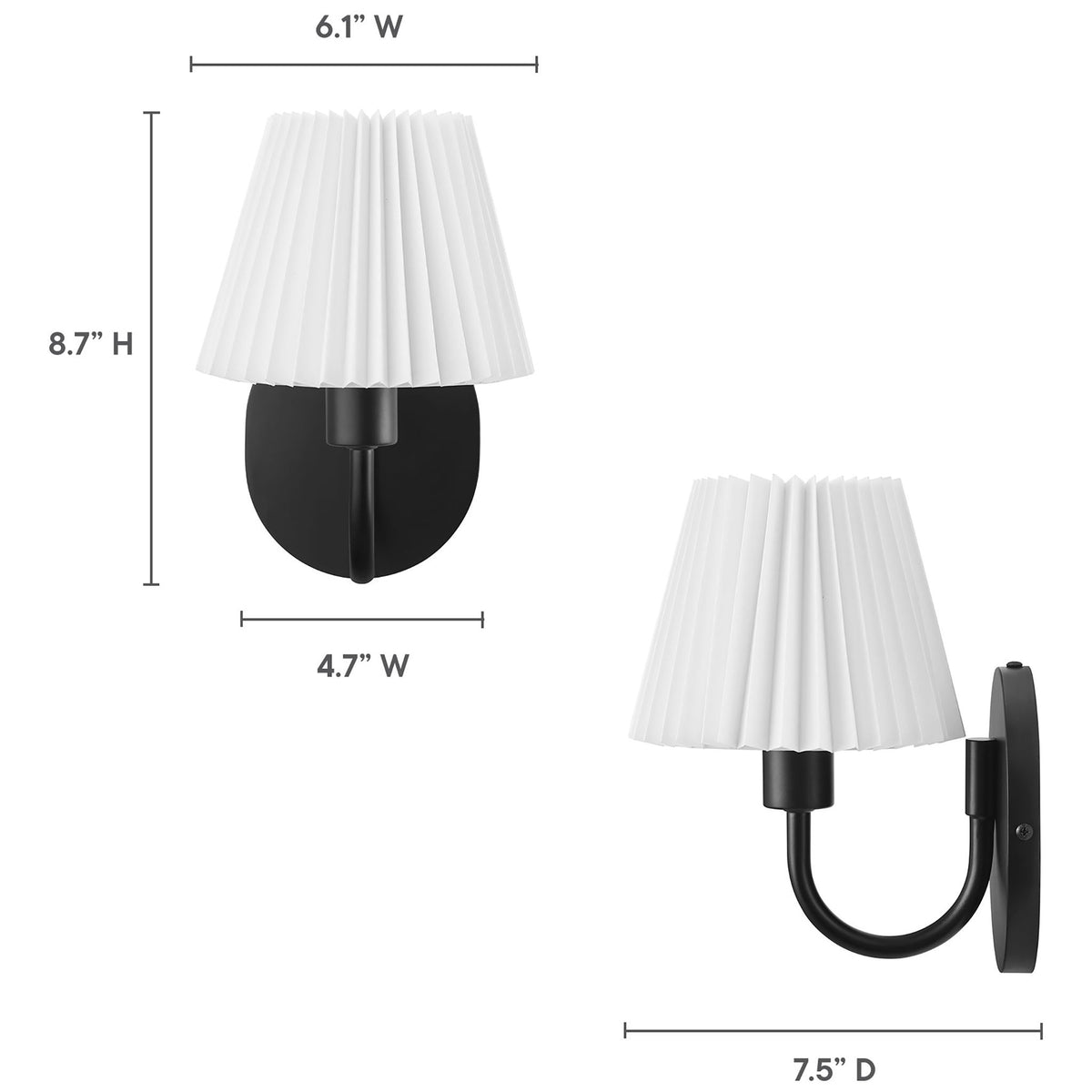 Dimension diagram of the Wave U-shaped arm wall sconce showing overall height, width, and projection. || EEI-6872-BLK || dimension_studio