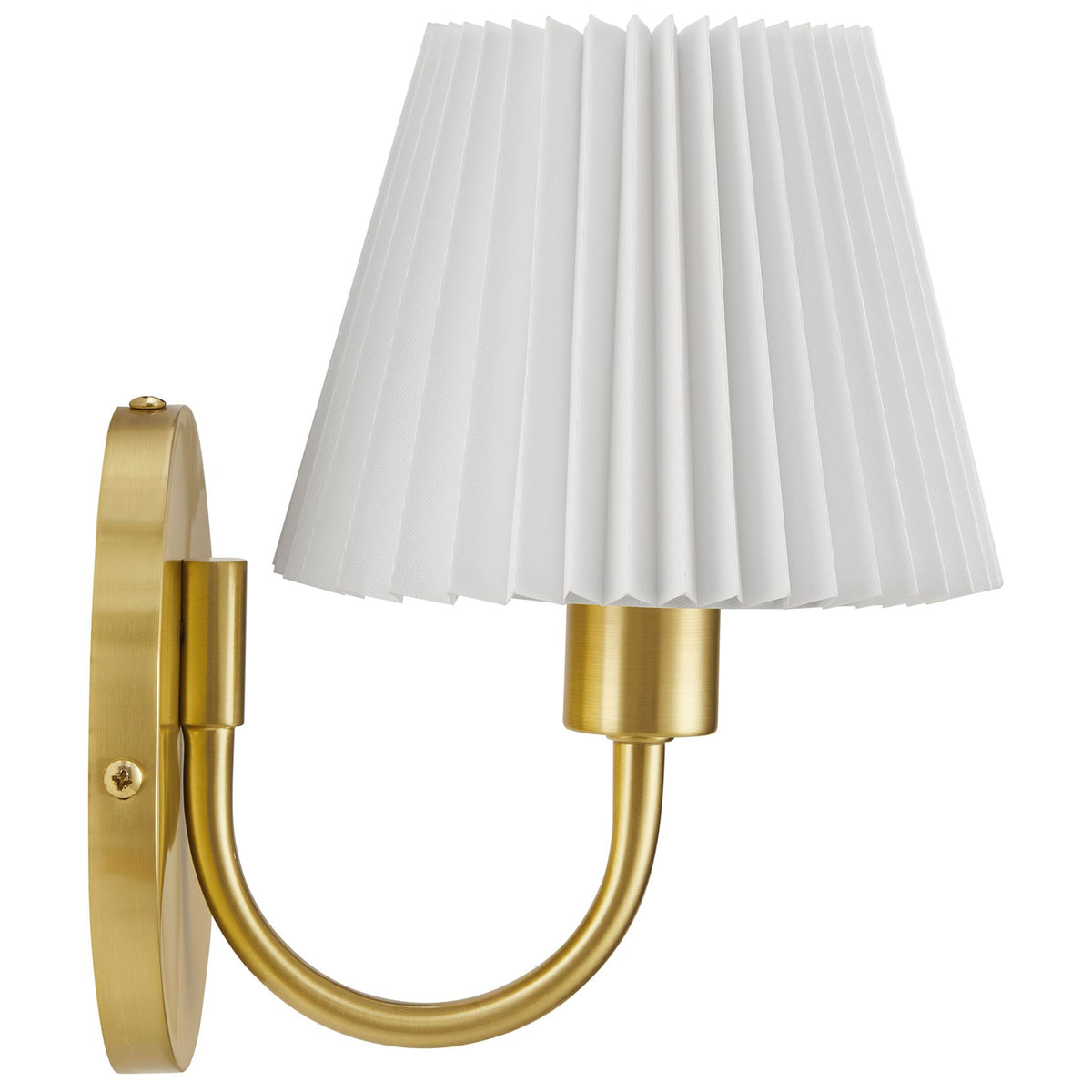 Brass wall lamp with U-shaped arm extends from a round backplate to support a tailored pleated fabric shade. || EEI-6872-BRA || side_studio