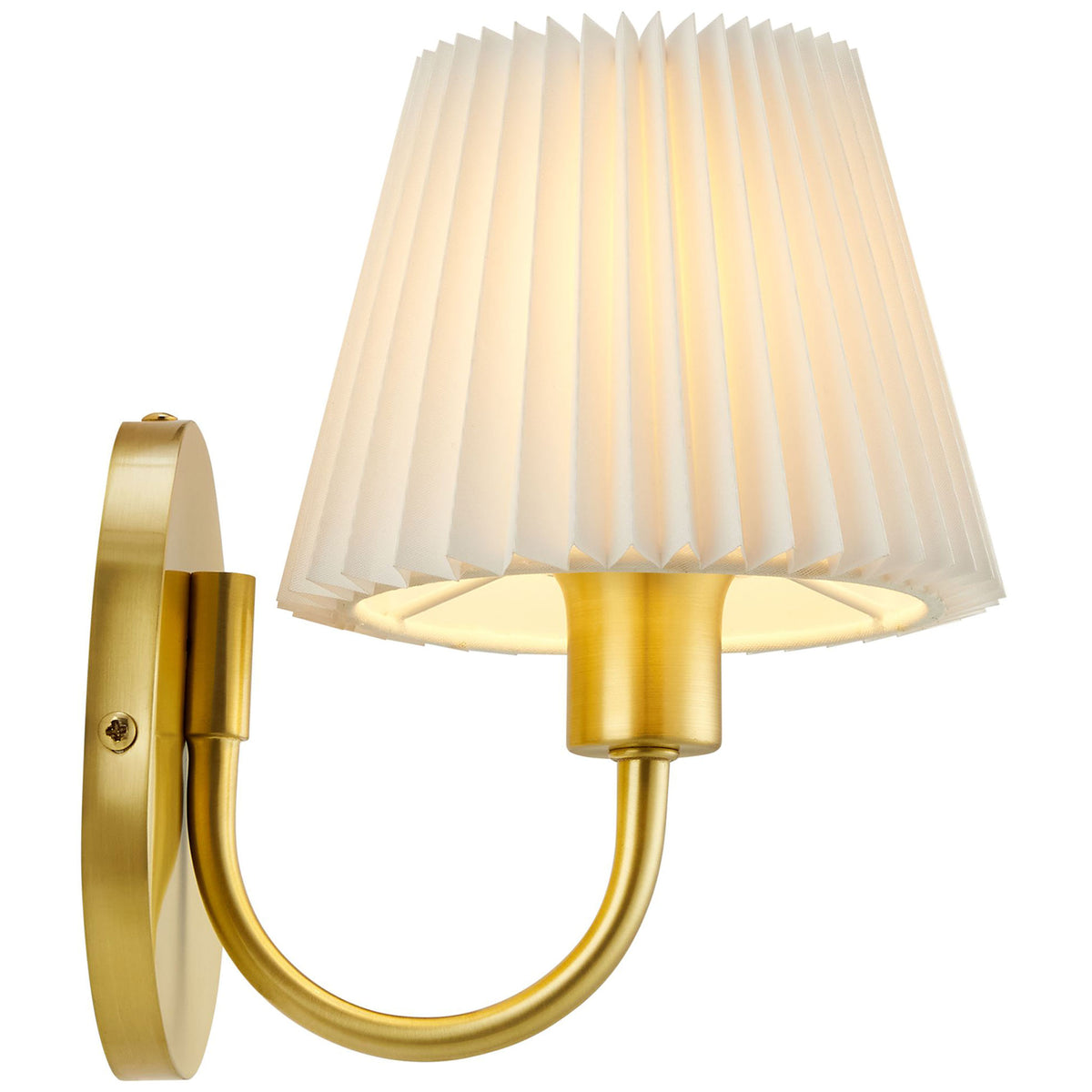 Brass U-shaped arm wall lamp with glowing pleated shade bathes the wall in a soft, ambient golden light. || EEI-6872-BRA || side_on_studio