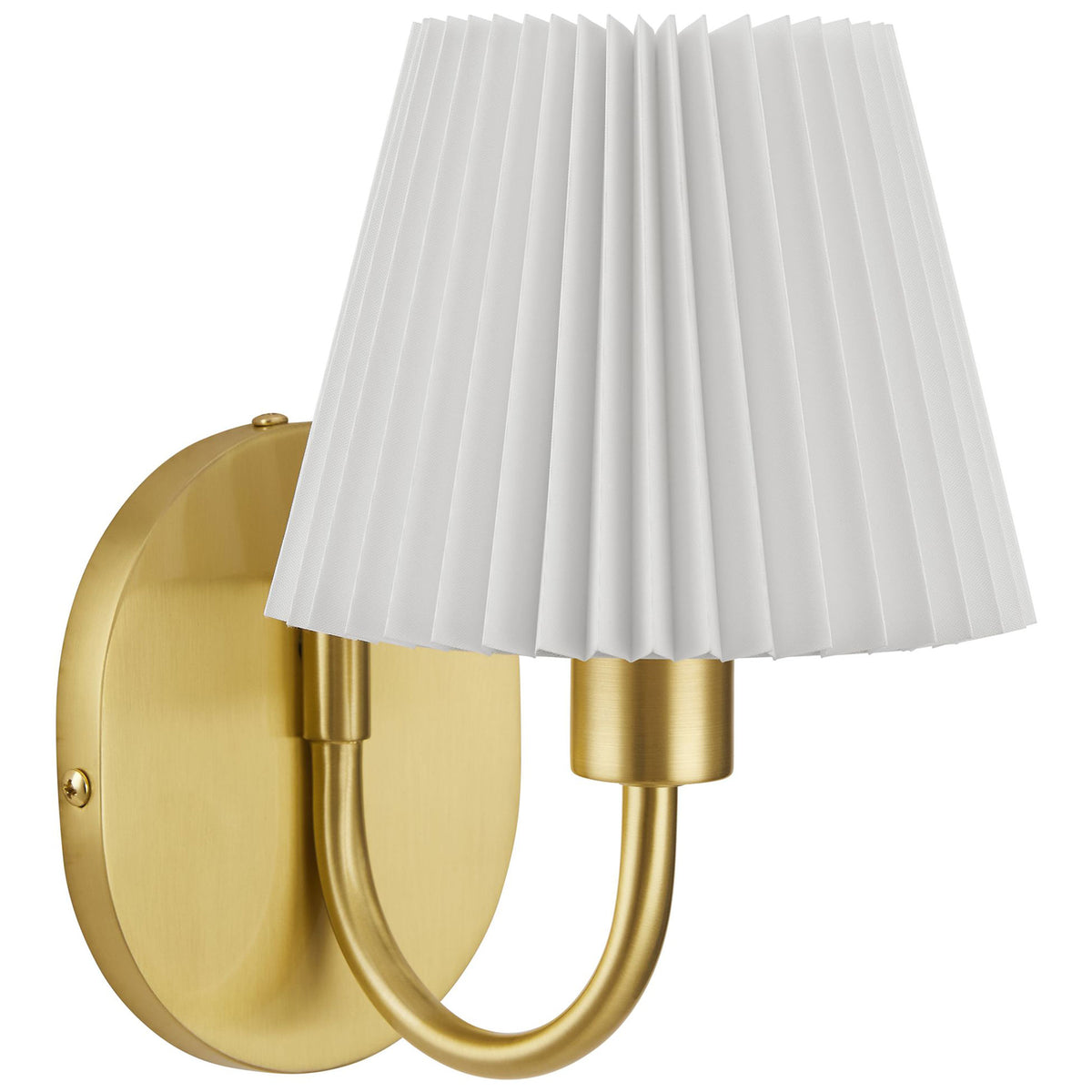 Curved brass U-shaped arm and pleated shade create a balanced, sculptural profile on this wall sconce. || EEI-6872-BRA || front_angle_studio