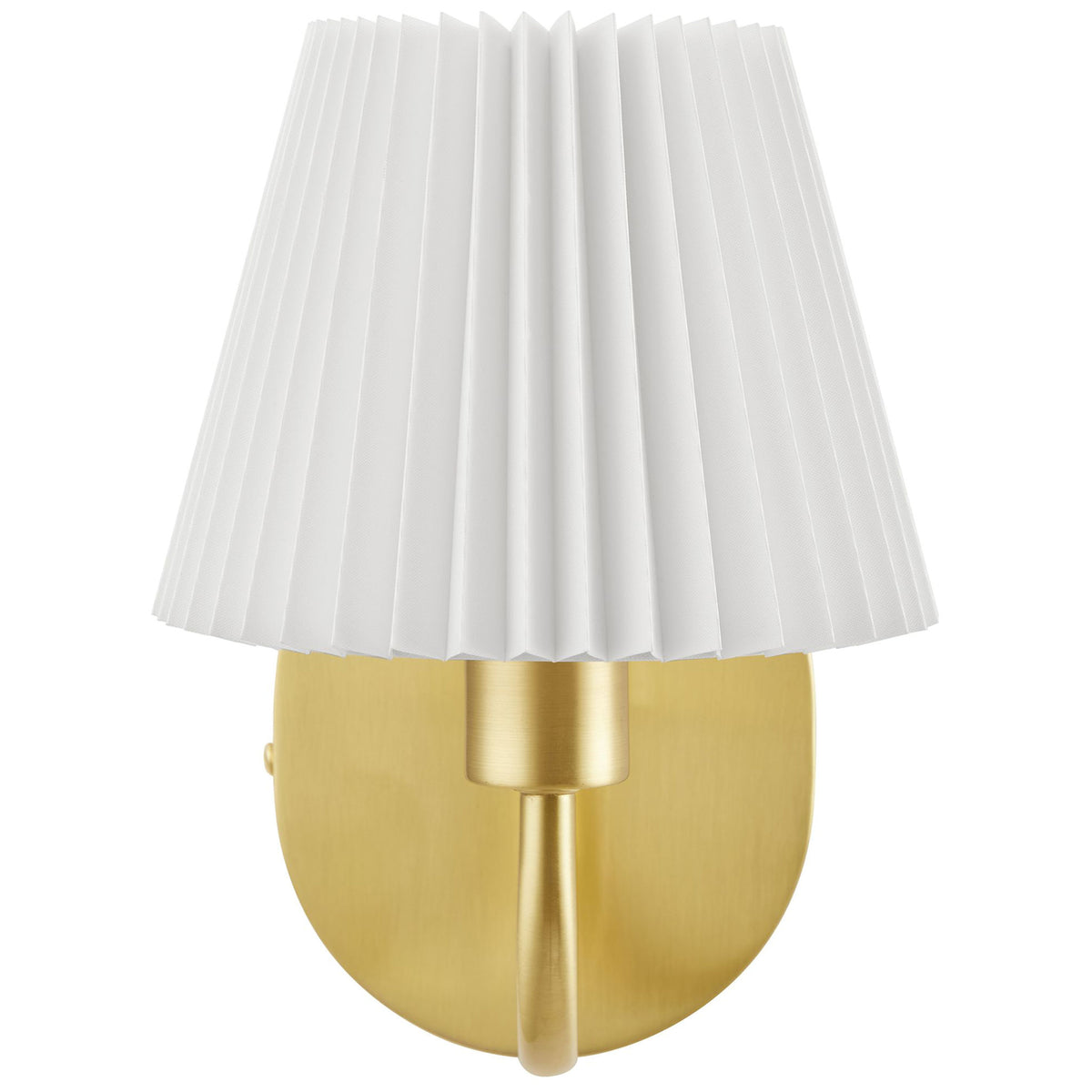 Brass U-shaped arm wall sconce with crisp pleated white shade brings warm modern elegance to any room. || EEI-6872-BRA || front_studio