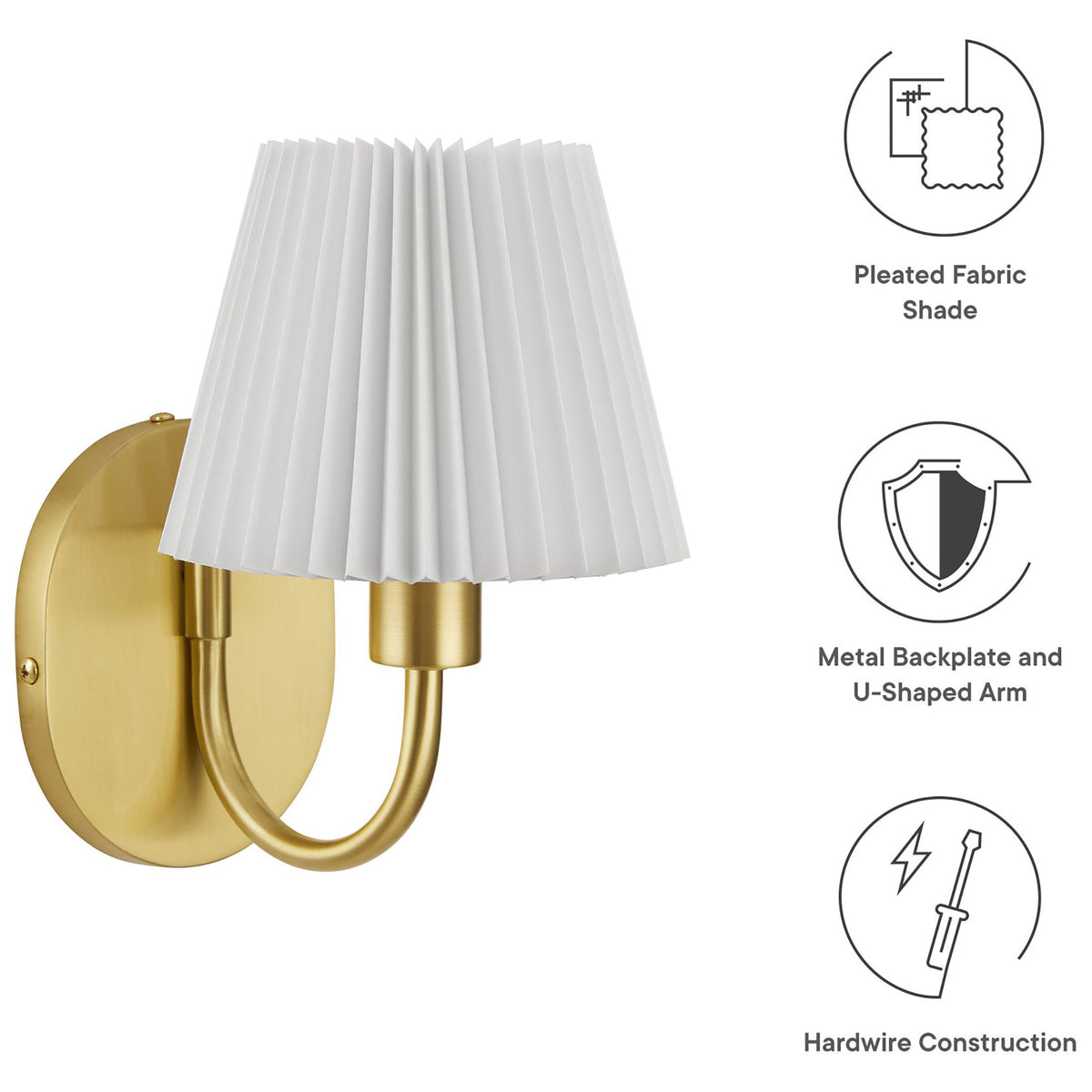Wave wall sconce in brass shown with icons highlighting its pleated shade, metal backplate, and hardwired design. || EEI-6872-BRA || callout_studio