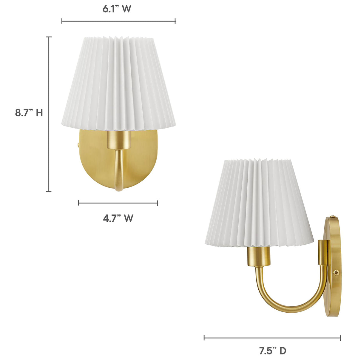 Dimension diagram of the Wave brass U-shaped arm wall sconce showing overall height, width, and depth. || EEI-6872-BRA || dimension_studio