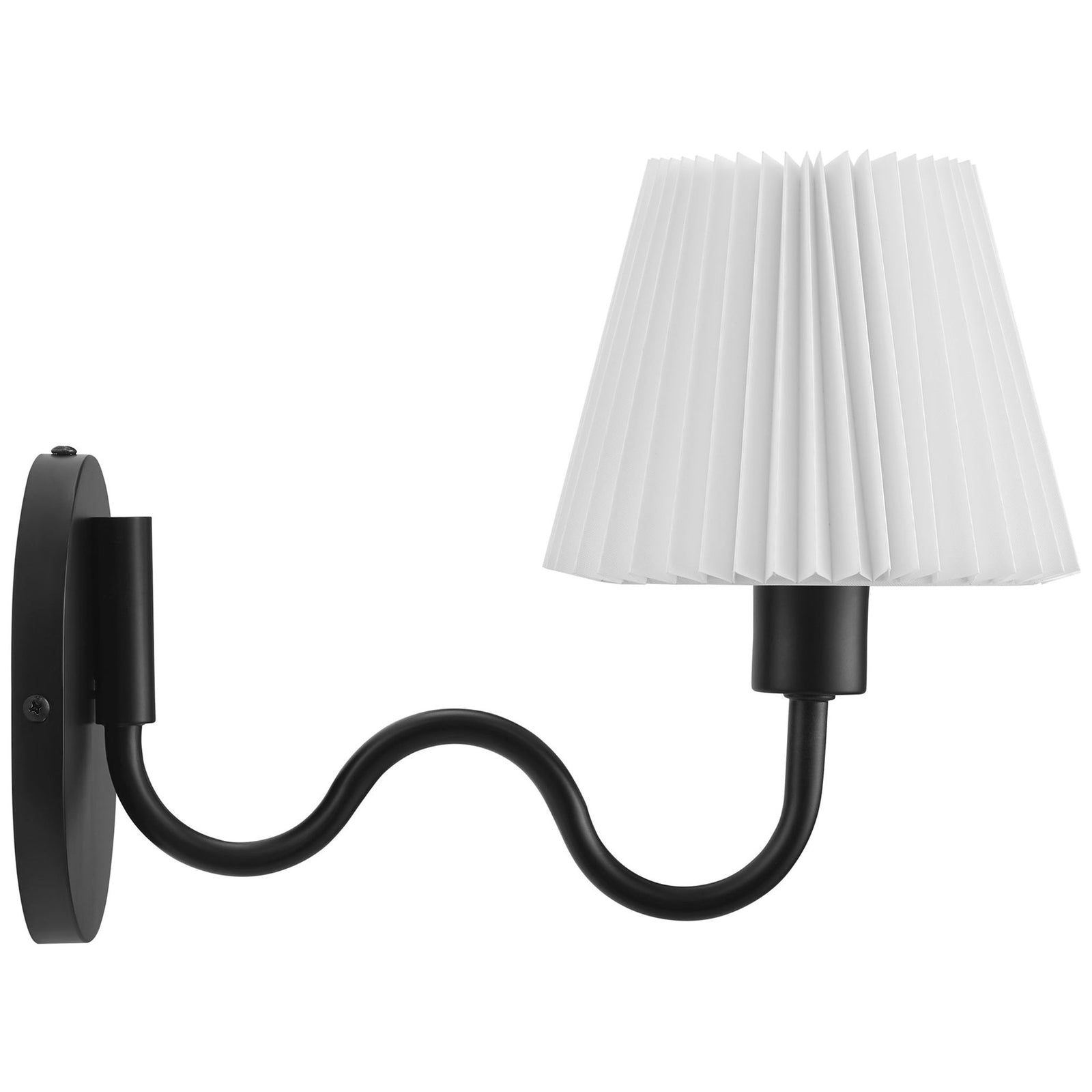 Black squiggle arm wall lamp shows its extended reach and tailored pleated shade for focused task lighting. || EEI-6873-BLK || side_studio