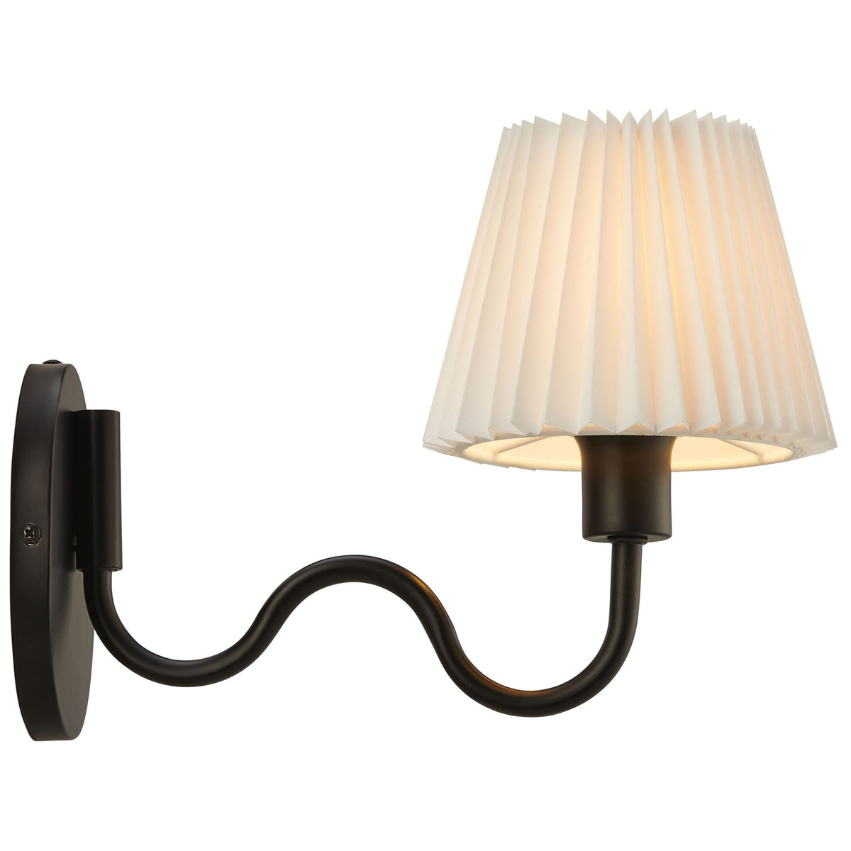Black squiggle arm wall lamp with pleated shade casting a warm, inviting glow for reading or relaxing. || EEI-6873-BLK || side_on_studio
