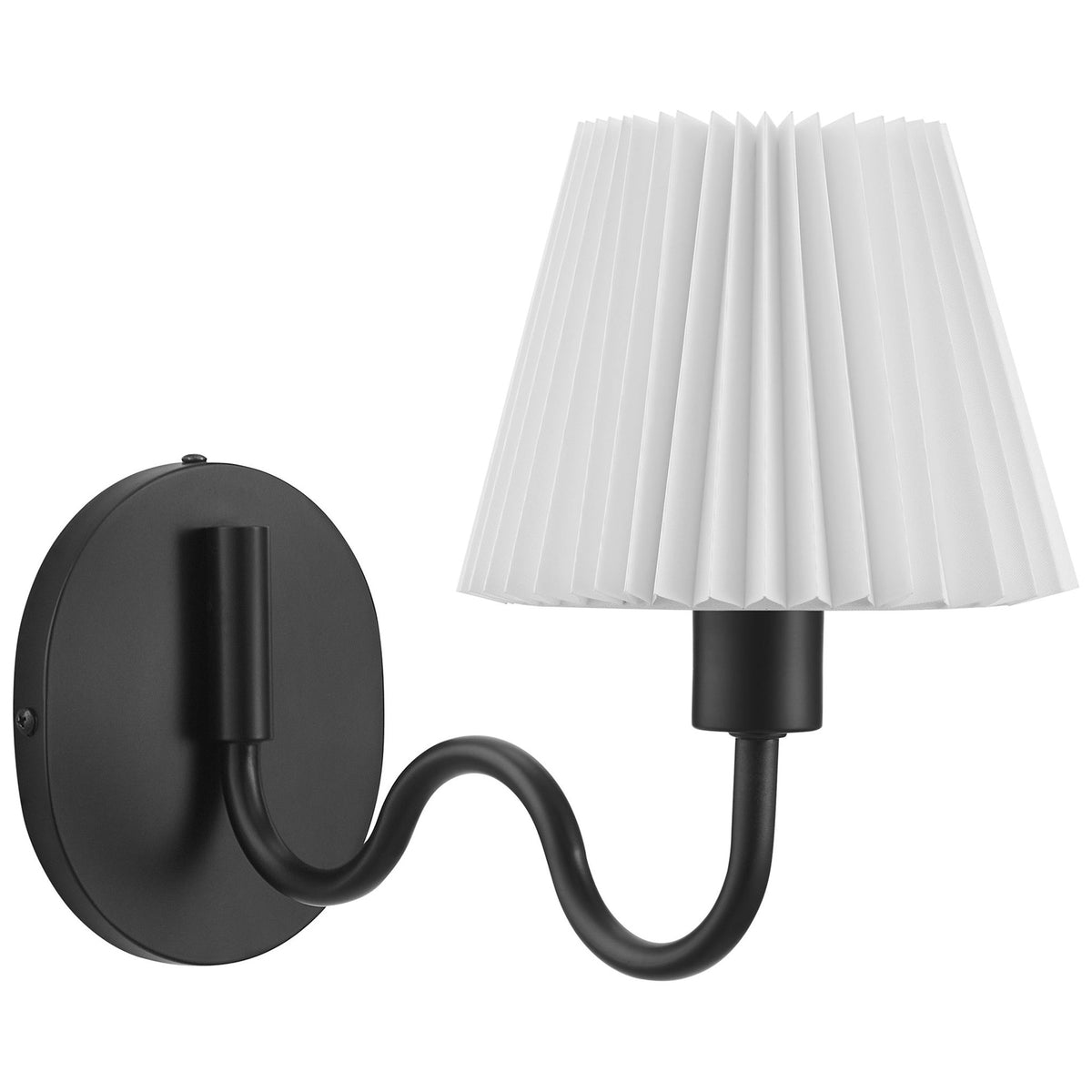 Wave-inspired black wall sconce with curved arm and pleated shade adds sculptural interest to your space. || EEI-6873-BLK || front_angle_studio