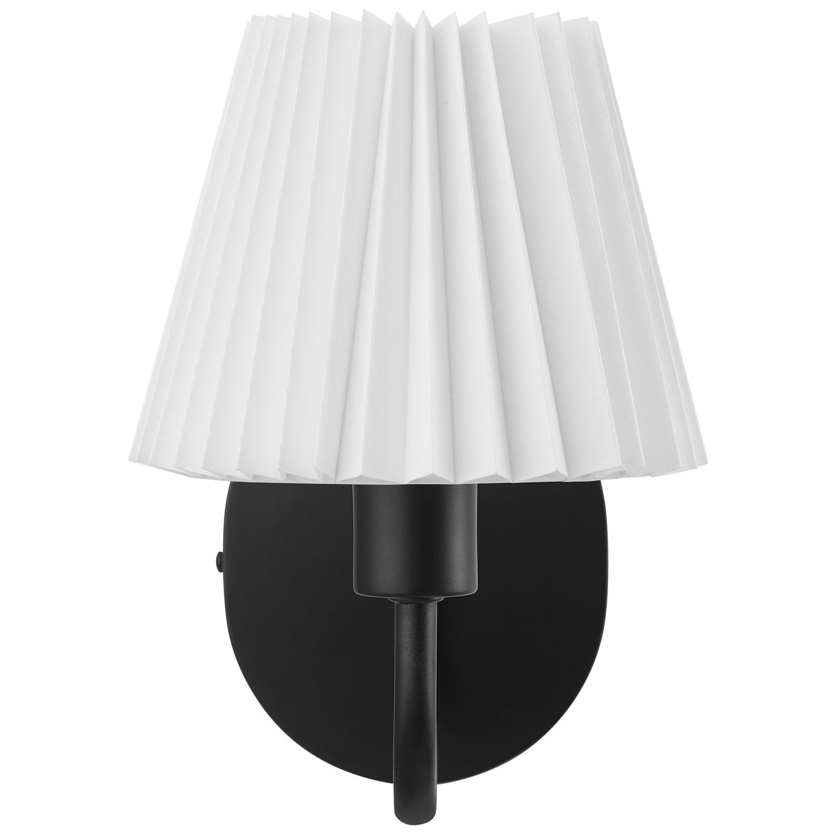 Black squiggle arm wall sconce with crisp pleated white shade for playful modern accent lighting. || EEI-6873-BLK || front_studio