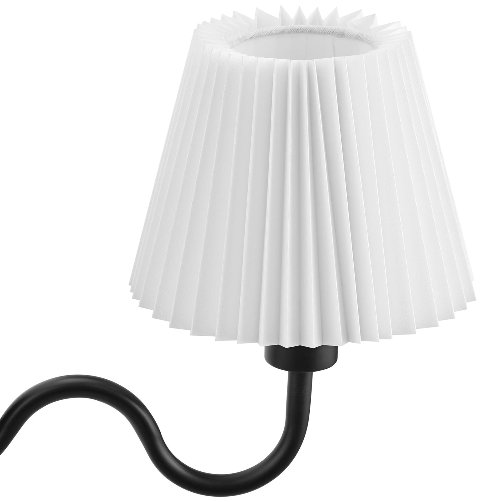 Pleated white shade and black arm detail highlight the refined texture and high-contrast look of this wall sconce. || EEI-6873-BLK || shade_studio