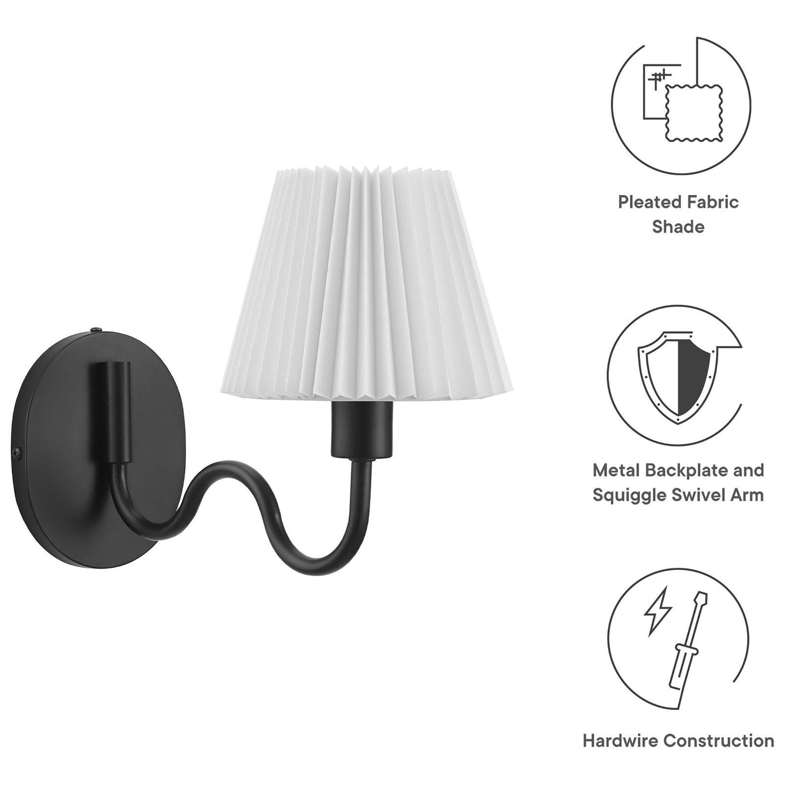Wave squiggle arm wall sconce shown with icons highlighting its pleated fabric shade and durable hardwired design. || EEI-6873-BLK || callout_studio
