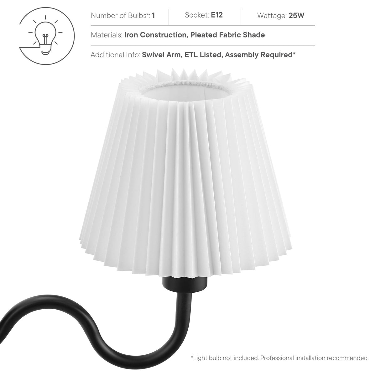 Pleated shade detail with overlaid specs calling out iron construction, single E12 bulb, and ETL listed safety. || EEI-6873-BLK || callout_studio