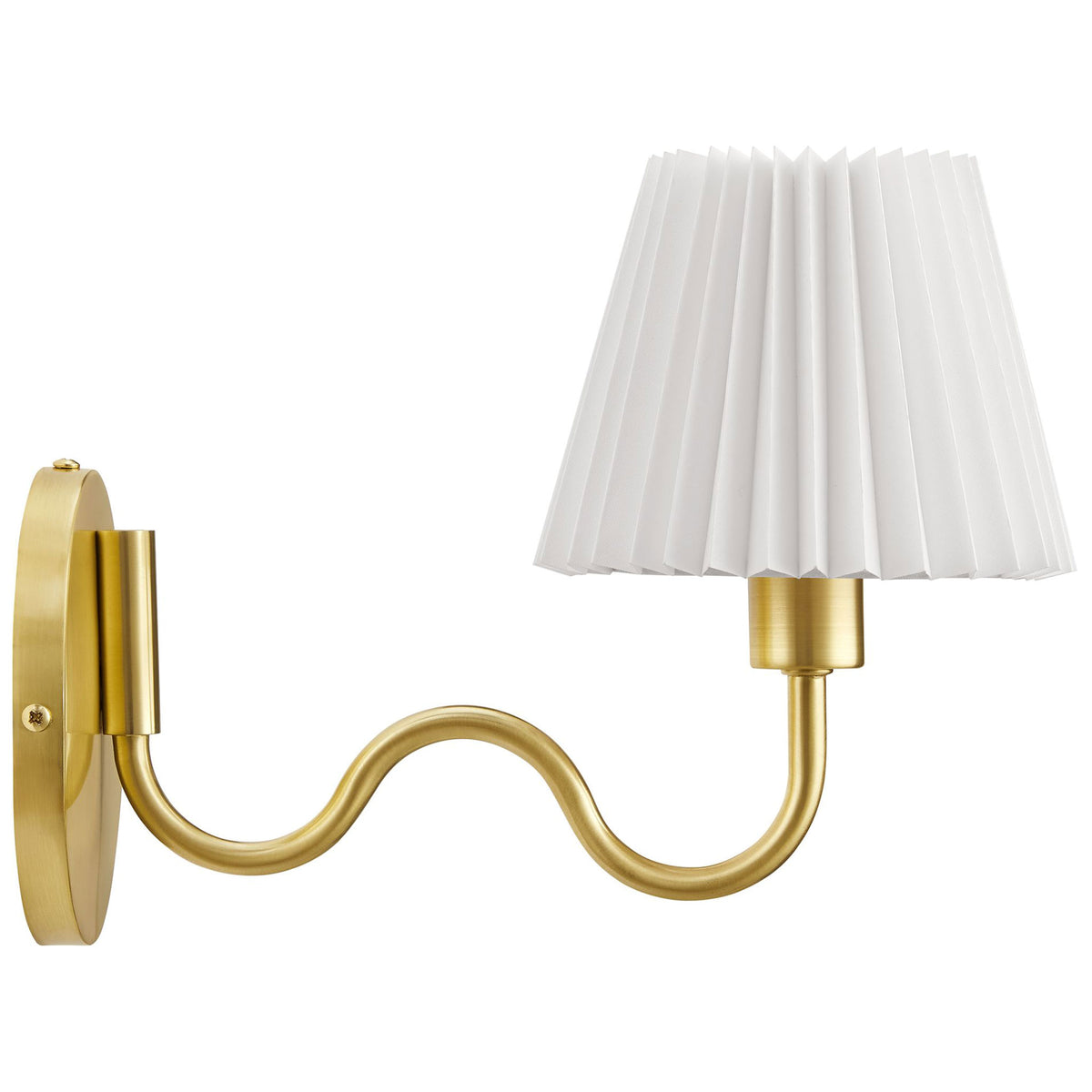 Brass squiggle arm wall lamp shows its graceful reach and tapered pleated shade for focused accent lighting. || EEI-6873-BRA || side_studio