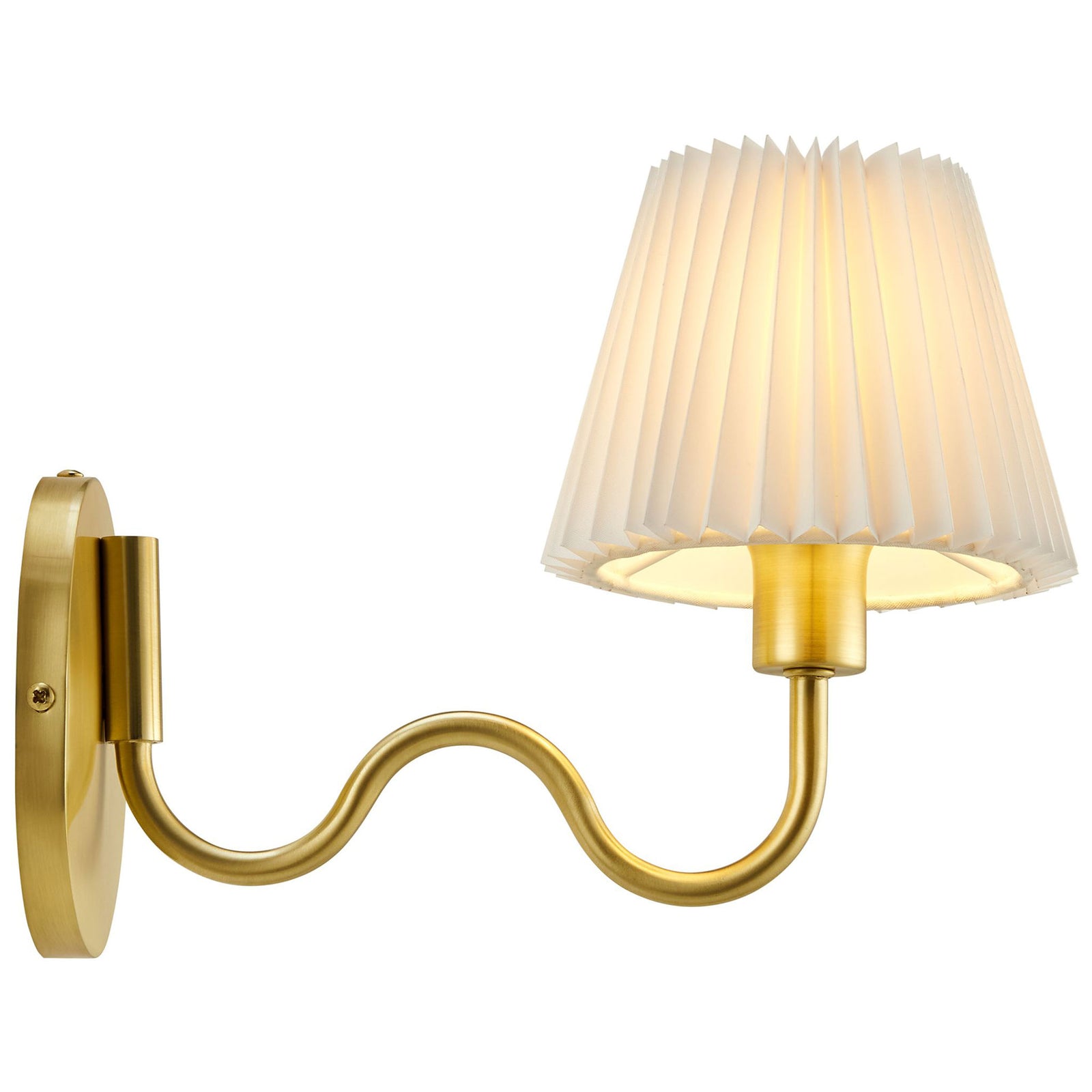 Brass squiggle arm wall lamp with glowing pleated shade washes the wall in a soft, inviting golden light. || EEI-6873-BRA || side_on_studio