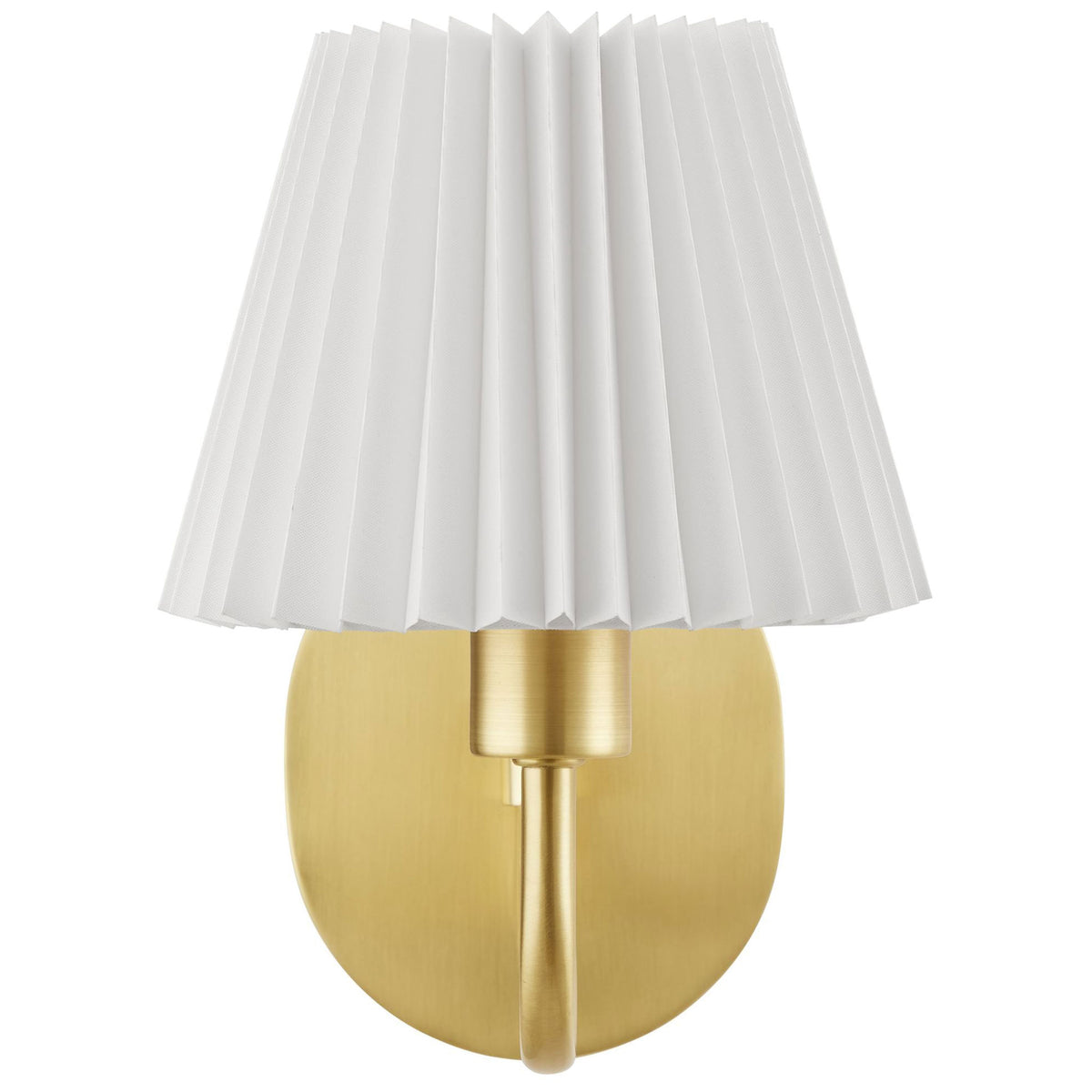 Brass squiggle arm wall sconce with crisp pleated white shade adds warm, sculptural shine to any modern space. || EEI-6873-BRA || front_studio