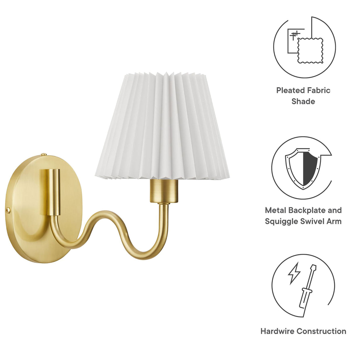 Wave squiggle arm wall sconce shown with icons highlighting its pleated shade, metal backplate, and hardwired build. || EEI-6873-BRA || callout_studio