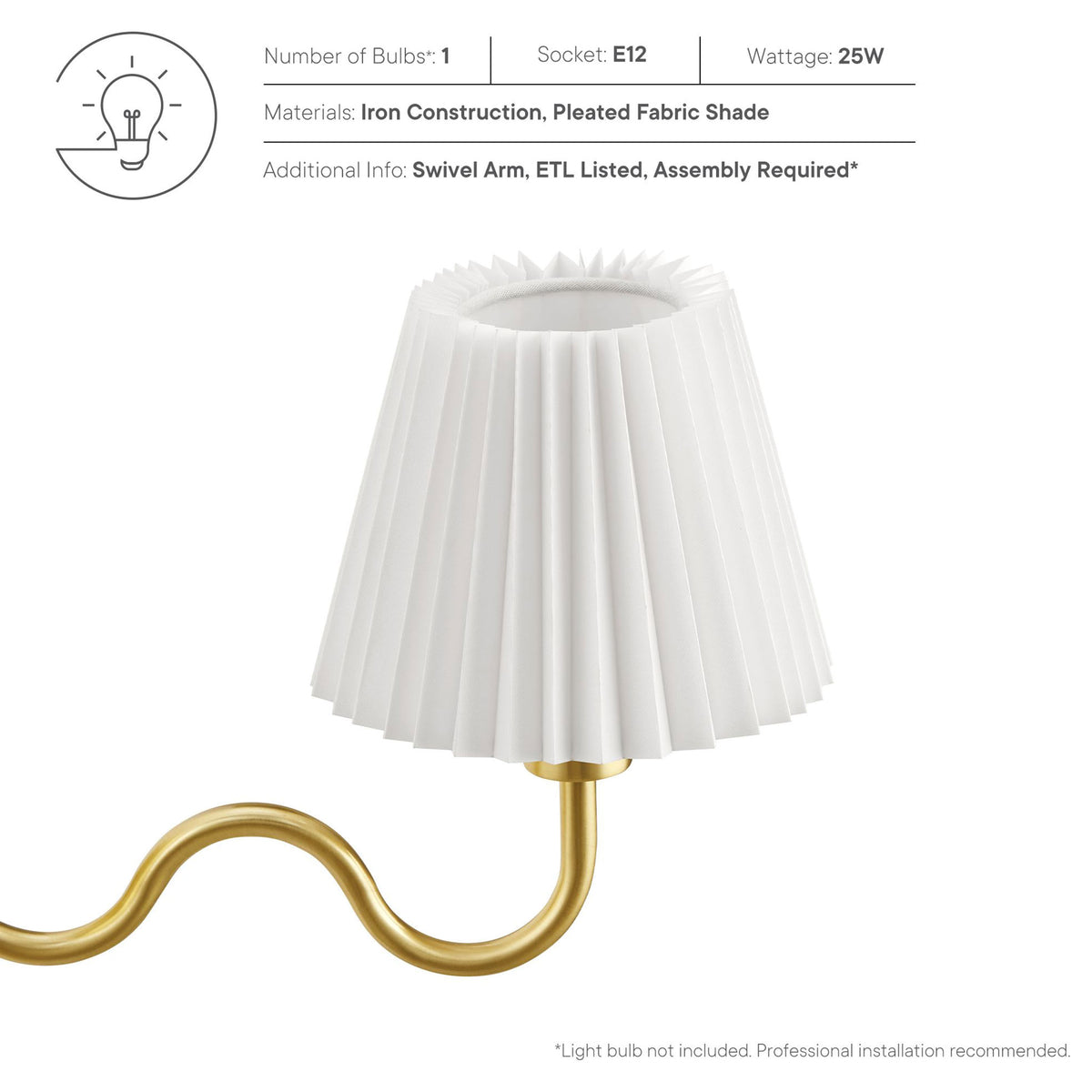 Pleated shade detail with overlaid specs calling out iron construction, E12 socket, 25W max, and ETL listing. || EEI-6873-BRA || callout_studio