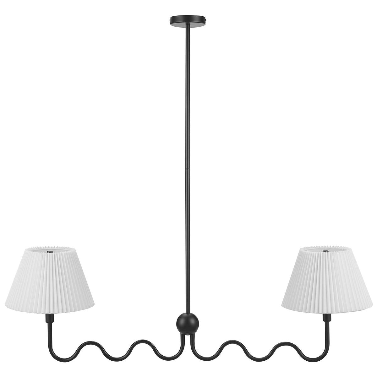 Black squiggle-arm pendant with twin pleated white shades and round canopy || EEI-6874-BLK || front_studio