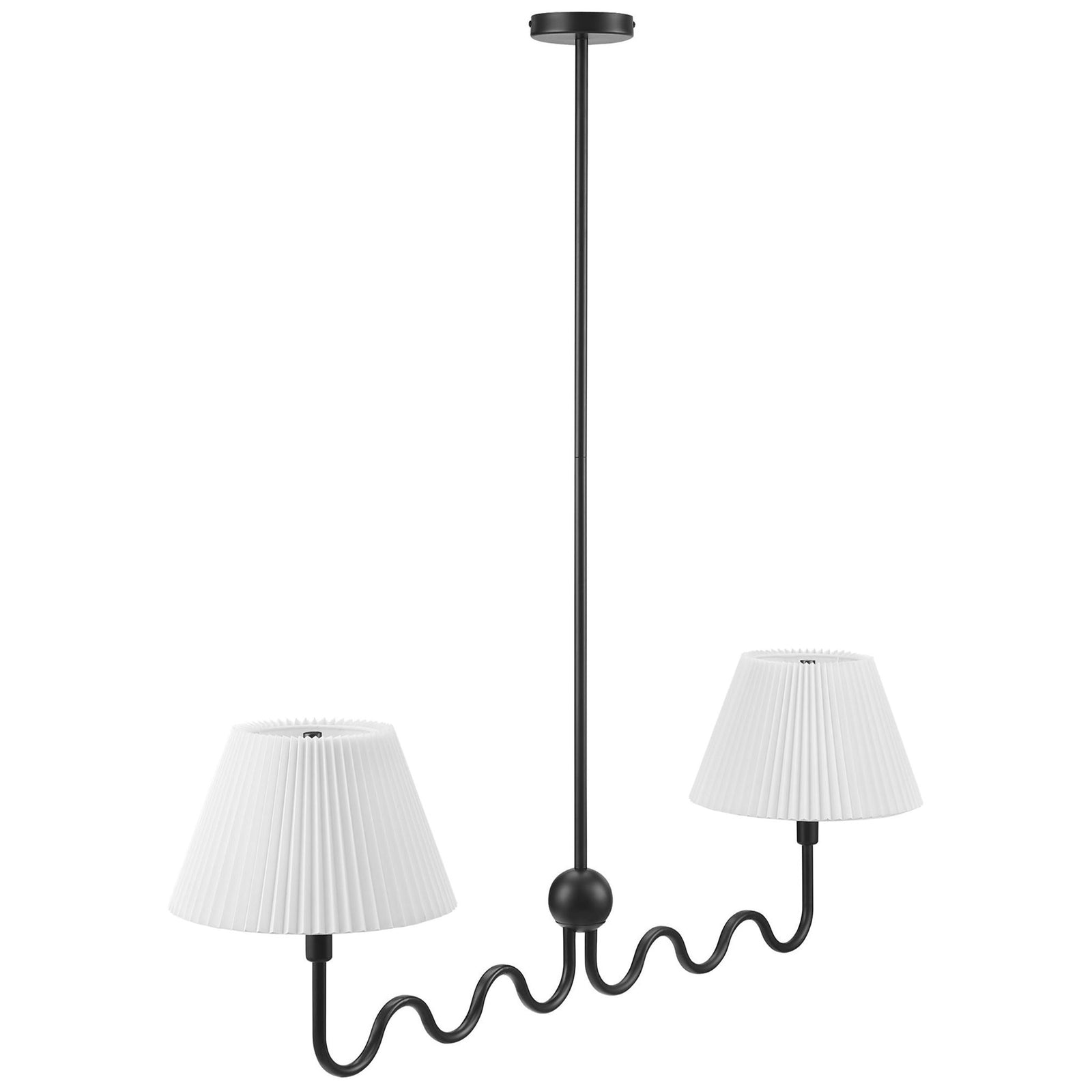 Sleek linear pendant showing sculpted wave arms and crisp pleated shades || EEI-6874-BLK || front_angle_studio