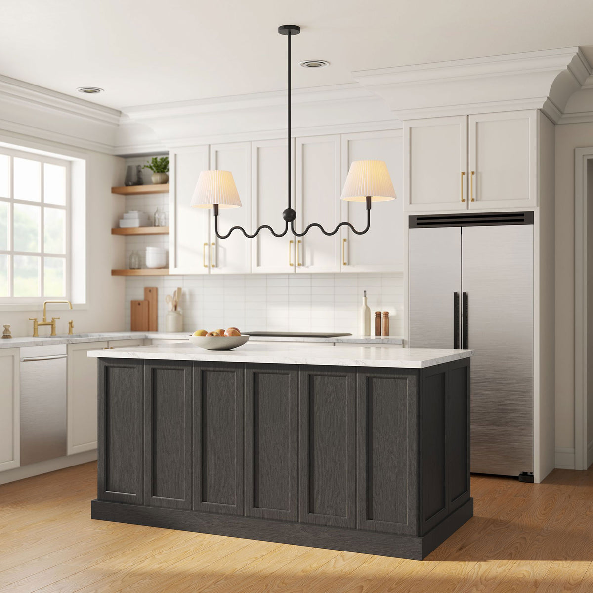 Statement two-light pendant brings soft ambiance with playful wave arms || EEI-6874-BLK || front_angle_on_room
