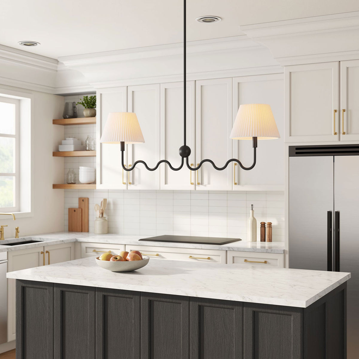 Elegant pleated shades pair with whimsical black squiggle arms for modern charm || EEI-6874-BLK || front_angle_on_room