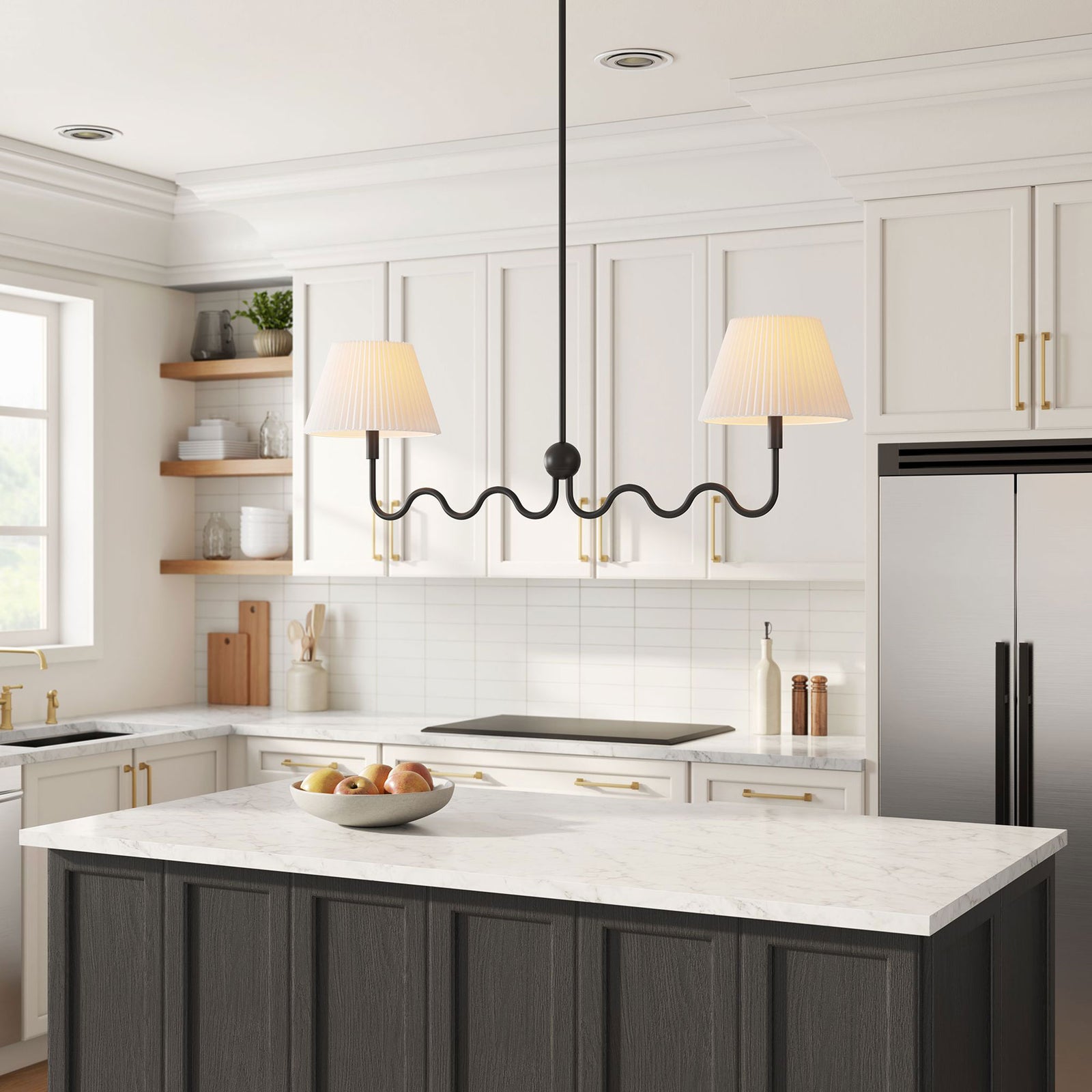 Elegant pleated shades pair with whimsical black squiggle arms for modern charm || EEI-6874-BLK || front_angle_on_room
