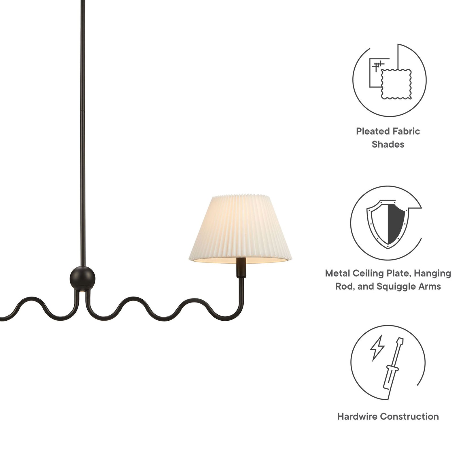 Pleated fabric shades, metal canopy, and hardwired construction || EEI-6874-BLK || callout_studio
