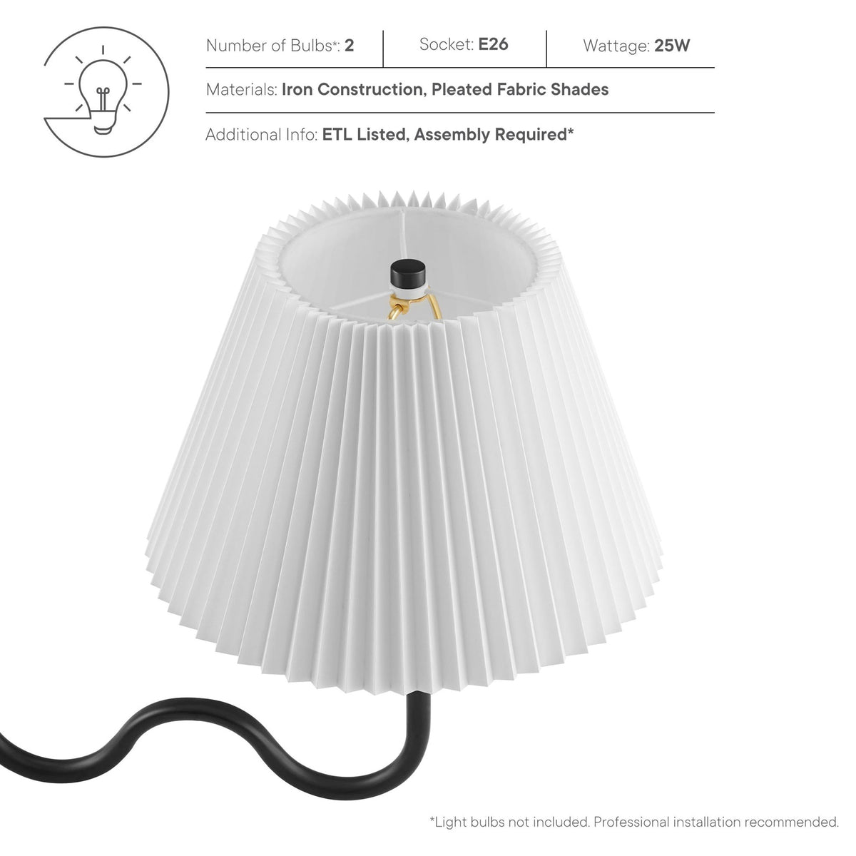 Two E26 sockets with 25W max each and iron construction with pleated shades || EEI-6874-BLK || callout_studio