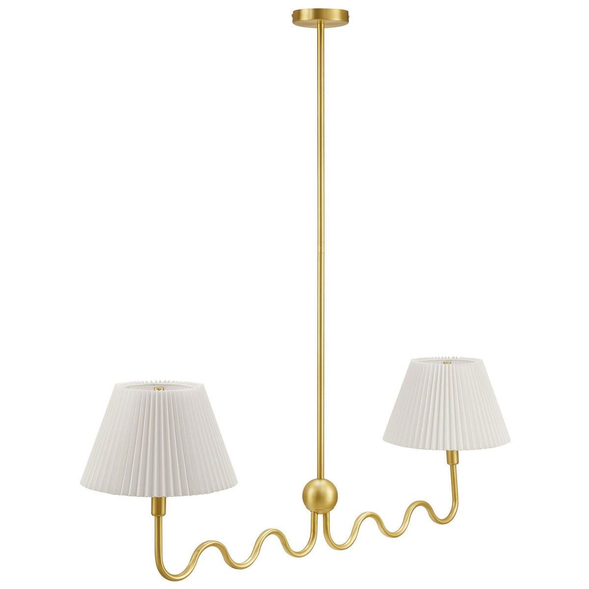 Sculptural two-arm brass pendant with pleated fabric shades || EEI-6874-BRA || front_angle_studio